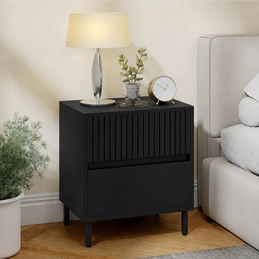 HOMCOM Bedside Cabinet, Bedside Table with 2 Drawers, Storage and Steel Legs for Bedroom, Living Room, Black