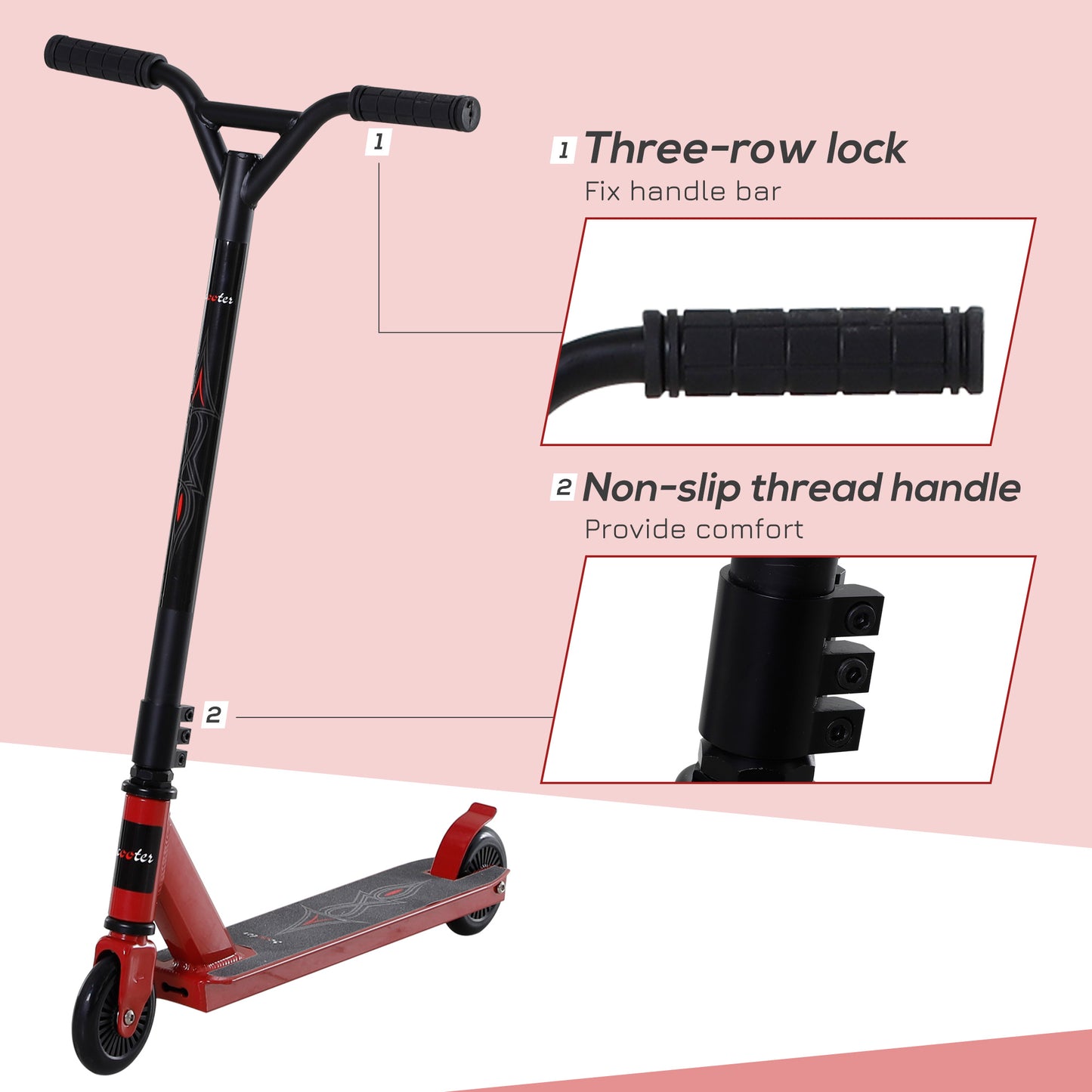 HOMCOM Street Stunt Scooter Intermediate and Beginner Freestyle Tricks Scooters For 14+ Teens Adult w/ Rear Ï†10cm Wheel & Brake - Red