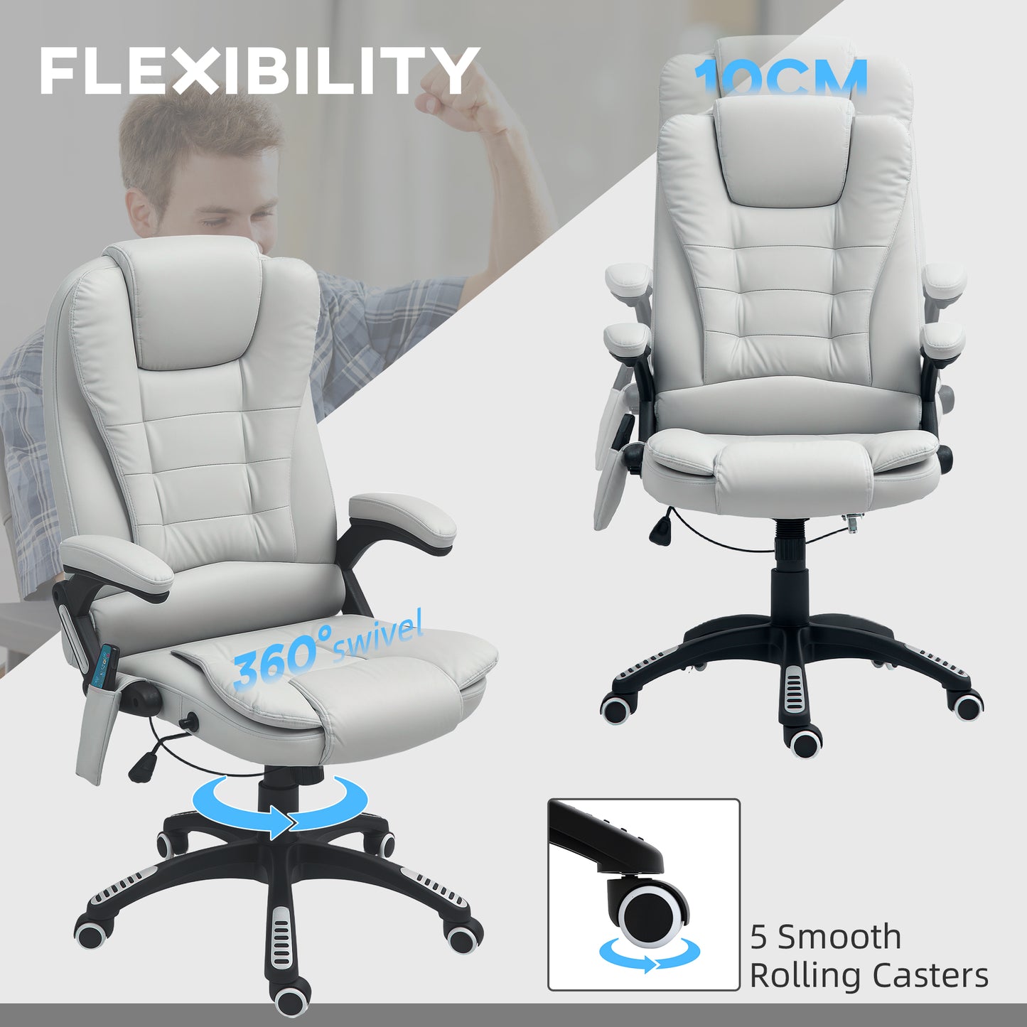 HOMCOM 6-Point Massage Office Chair with Seat Heated for Home Office, PU Leather High Back Executive Desk Chair with Adjustable Height and 360Â° Swivel for Work Study, Light Grey