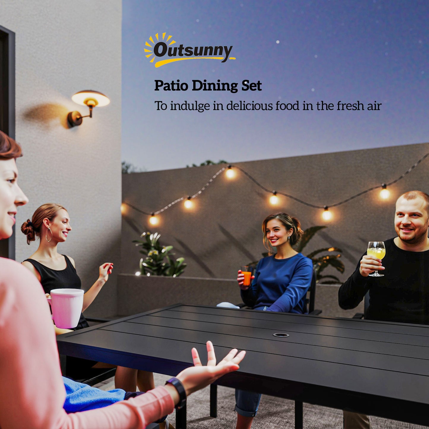 Outsunny Seven-Piece Minimal Metal Garden Dining Set, with Parasol Hole - Black