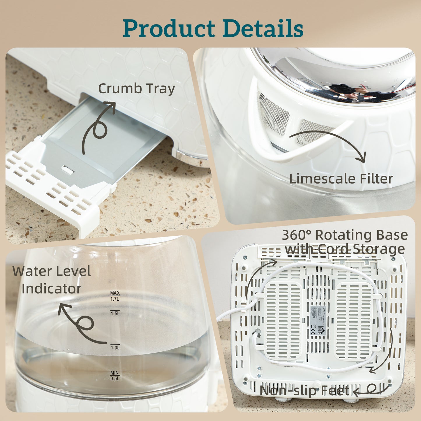 HOMCOM Kettle and Toaster Set, 1.7L 3000W Rapid Kettle with Strix Thermostat, 4 Slice Toaster with 7 Browning Controls, Cream