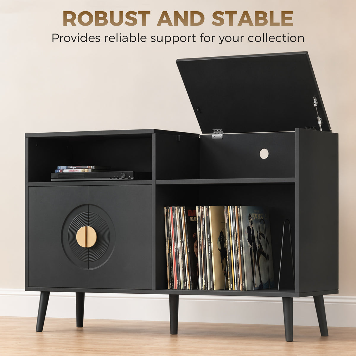 HOMCOM Record Player Stand, Vinyl Record Holder with Storage Holds Up to 300 Albums with Flip-Top Compartment, Black