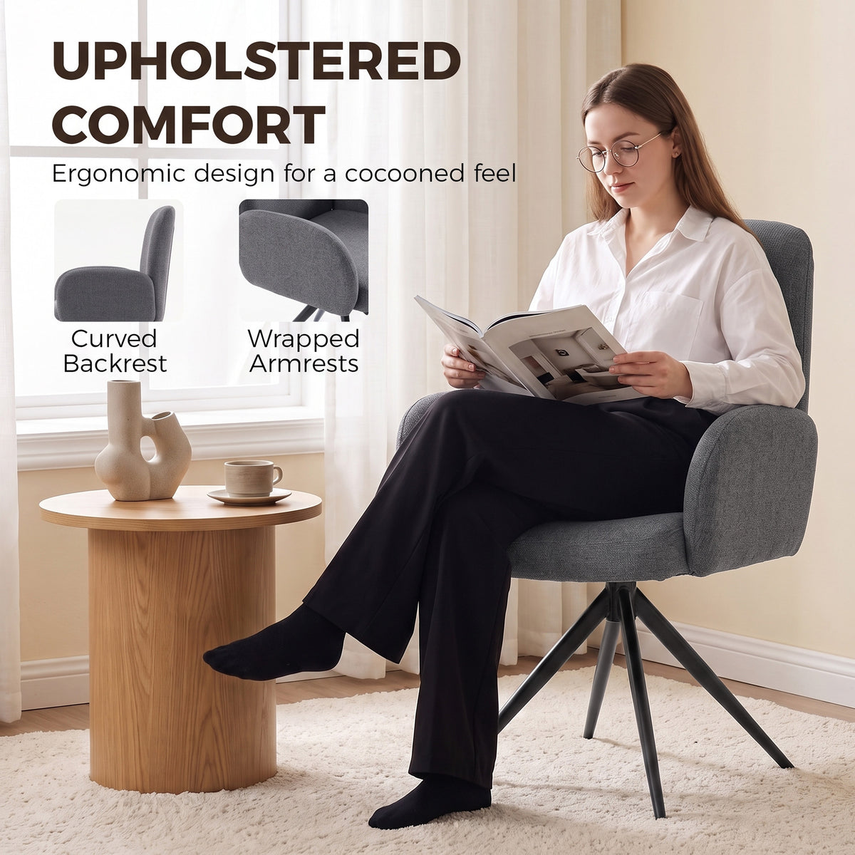 HOMCOM Swivel Accent Chair, Upholstered Linen-Look Armchair with Curved Backrest, Wrapped Armrests for Living Room, Grey