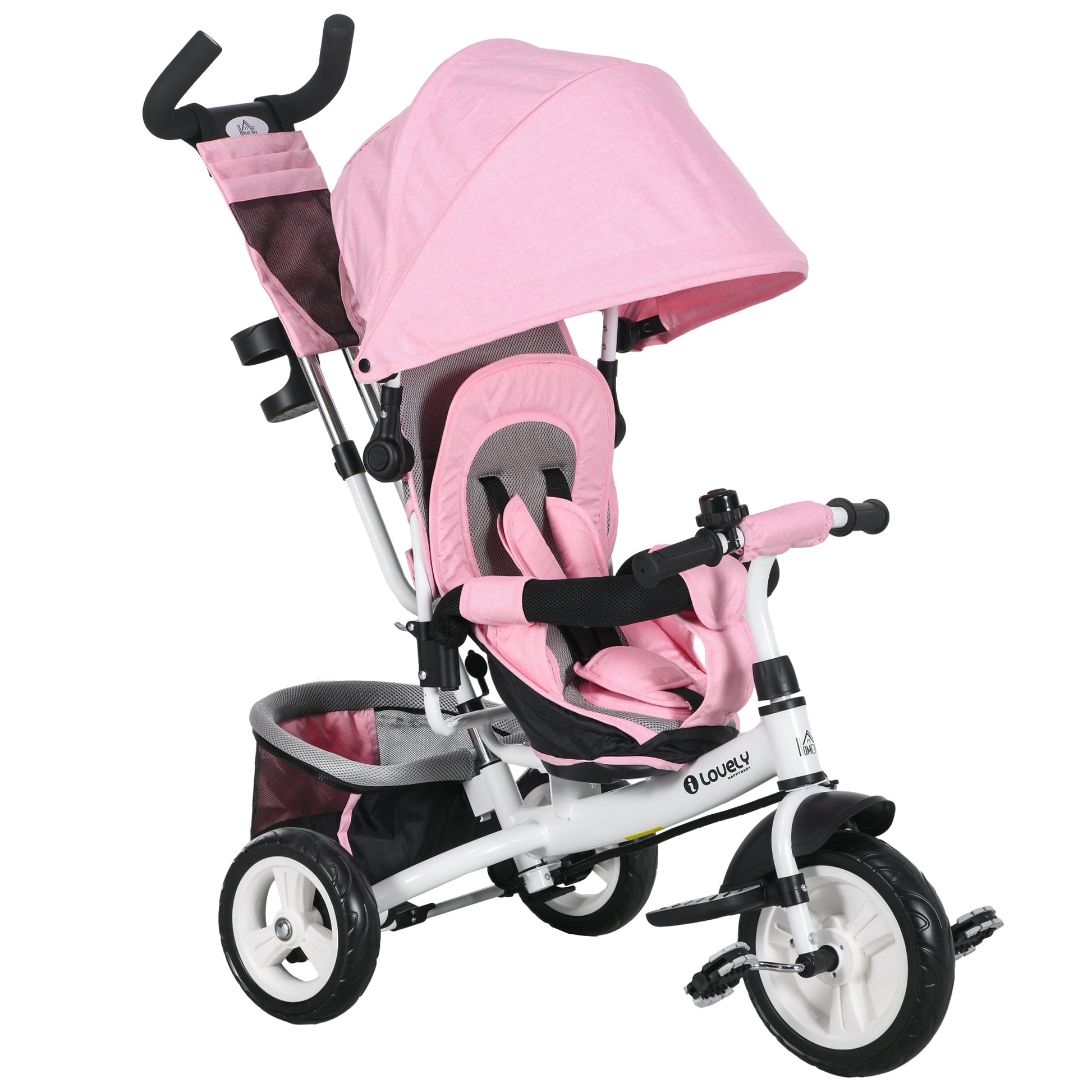 HOMCOM 6 in 1 Kids Trike with Parent Handle, Canopy, 5-point Seat Belt, Storage, Footrest, Brake, for 1-5 Years, Pink