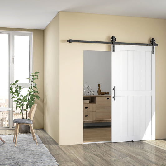 HOMCOM 213.4cm Sliding Barn Door Kit, Sliding Door with Track, Hardware, Upgraded Rollers and Floor Guide, Handle, White