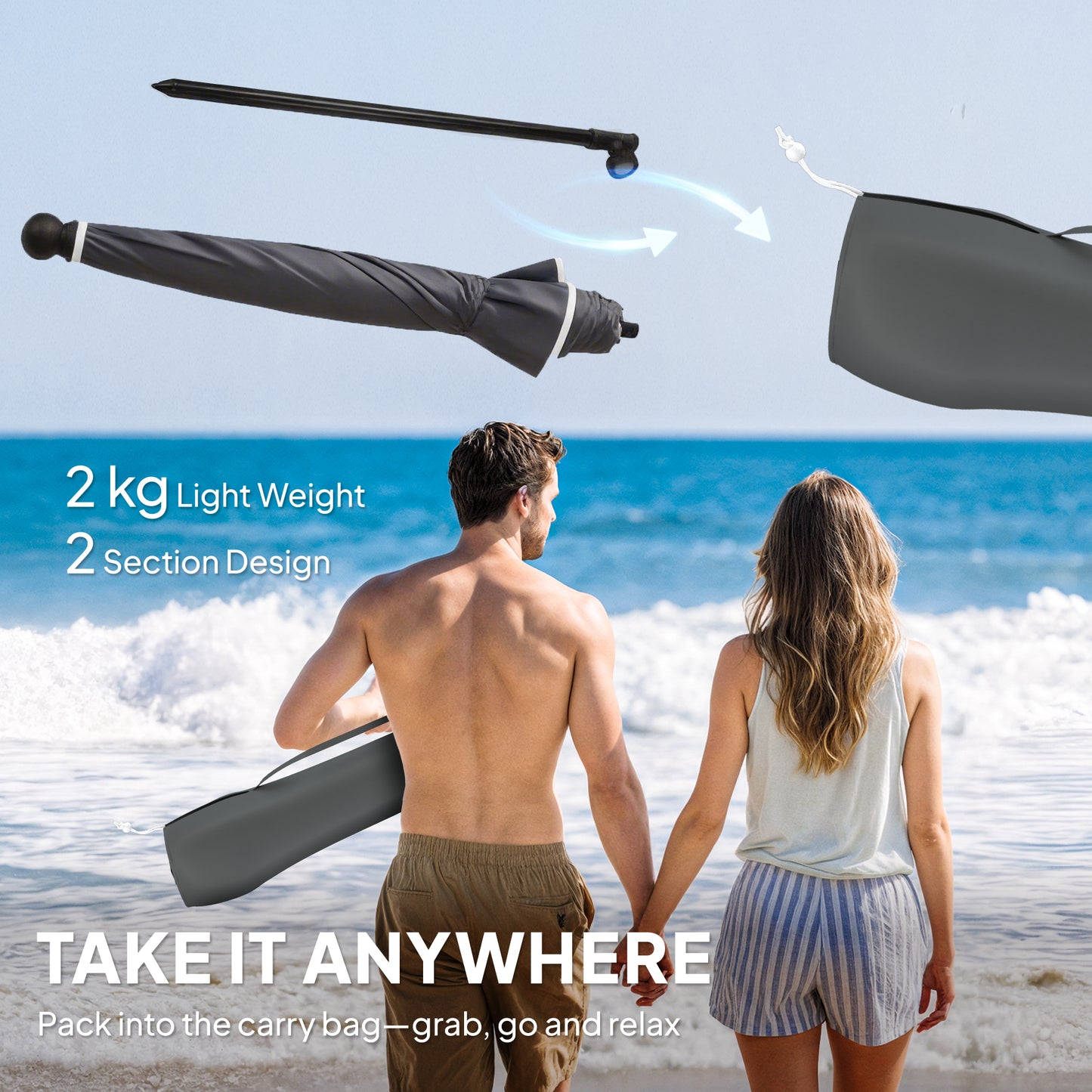 Outsunny 1.8 m Beach Umbrella Parasol with Sand Anchor, Portable 30Â° Tilting Patio Sun Shade with Adjustable Height, Dark Grey