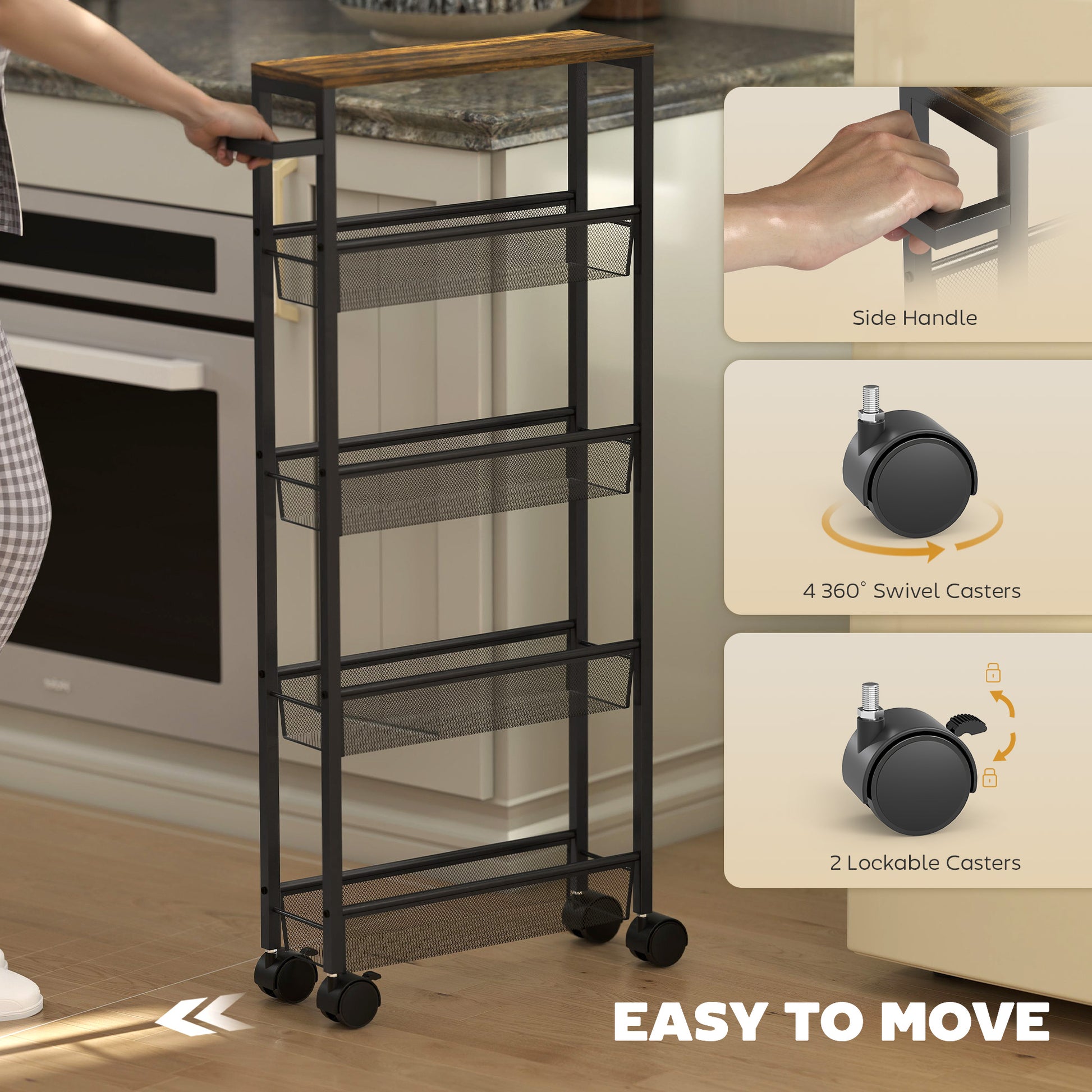 HOMCOM Slim Storage Trolley, 5-Tier Kitchen Cart on Wheels with Wood-effect Top, Handle for Living Room, Bathroom, Black