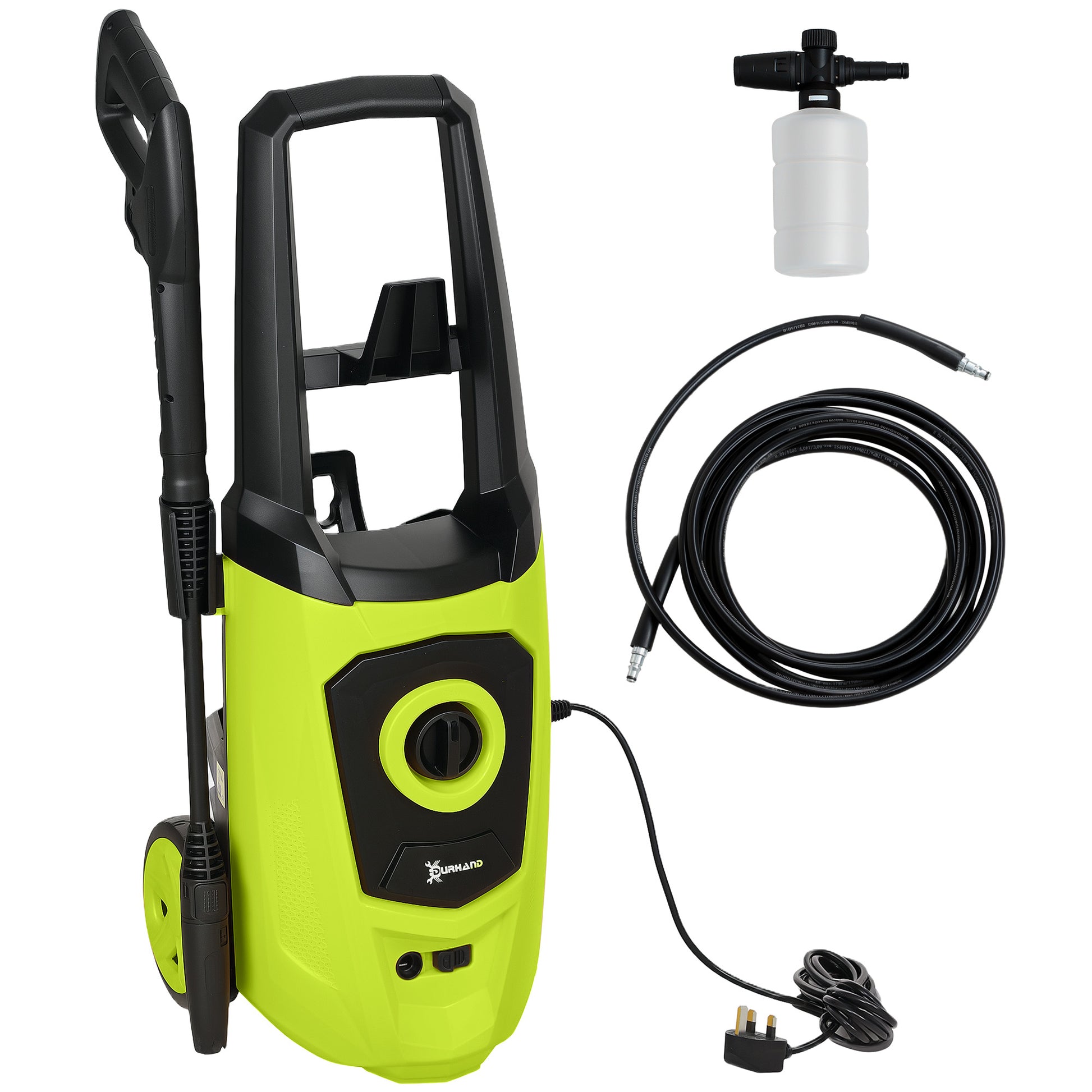 DURHAND 1800W HighÂ PressureÂ Washer, 150 Bar Pressure, 510 L/h Flow, High-Performance Portable Power Washer Jet Wash Cleaner with 6M Hose, Snow Foam Bottle for Garden, Car, Furniture, Green