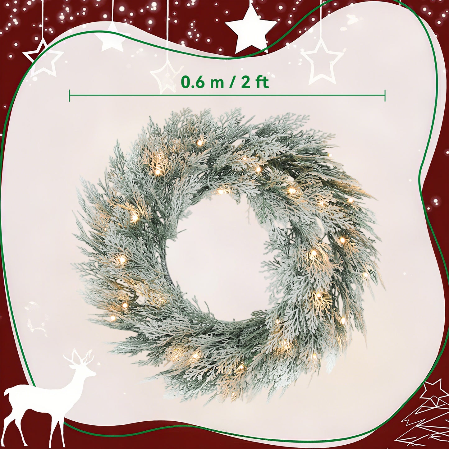 HOMCOM 60cm/ 24inch Flocked Prelit Christmas Wreath