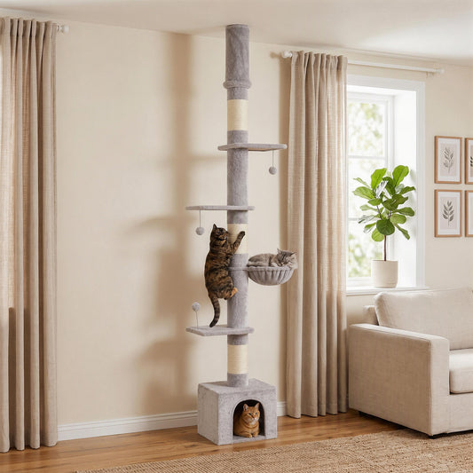 PawHut Floor to Ceiling Cat Tree, 230-250cm Multi-Level Cat Tower with Adjustable Height, Scratching Posts, Condo, Platforms