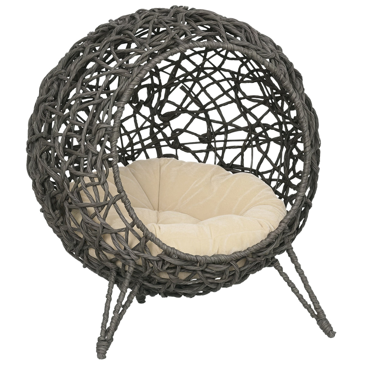 PawHut Raised Rattan Cat House, with Cushion - Silver-Tone & Grey Default Title