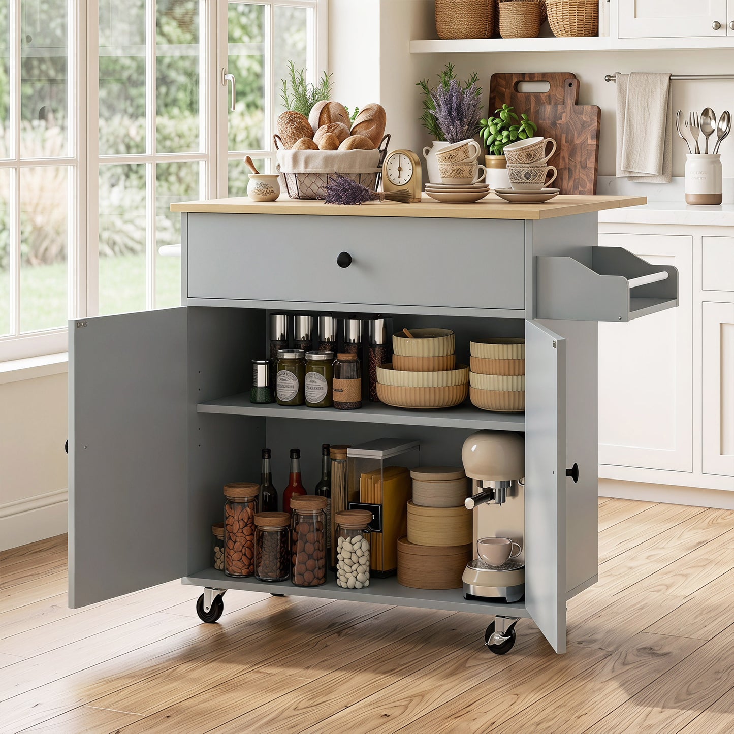 HOMCOM Kitchen Island with Drop Leaf, Rolling Kitchen Storage Trolley on Wheels with Drawer, Spice Rack and Towel Rack, Grey