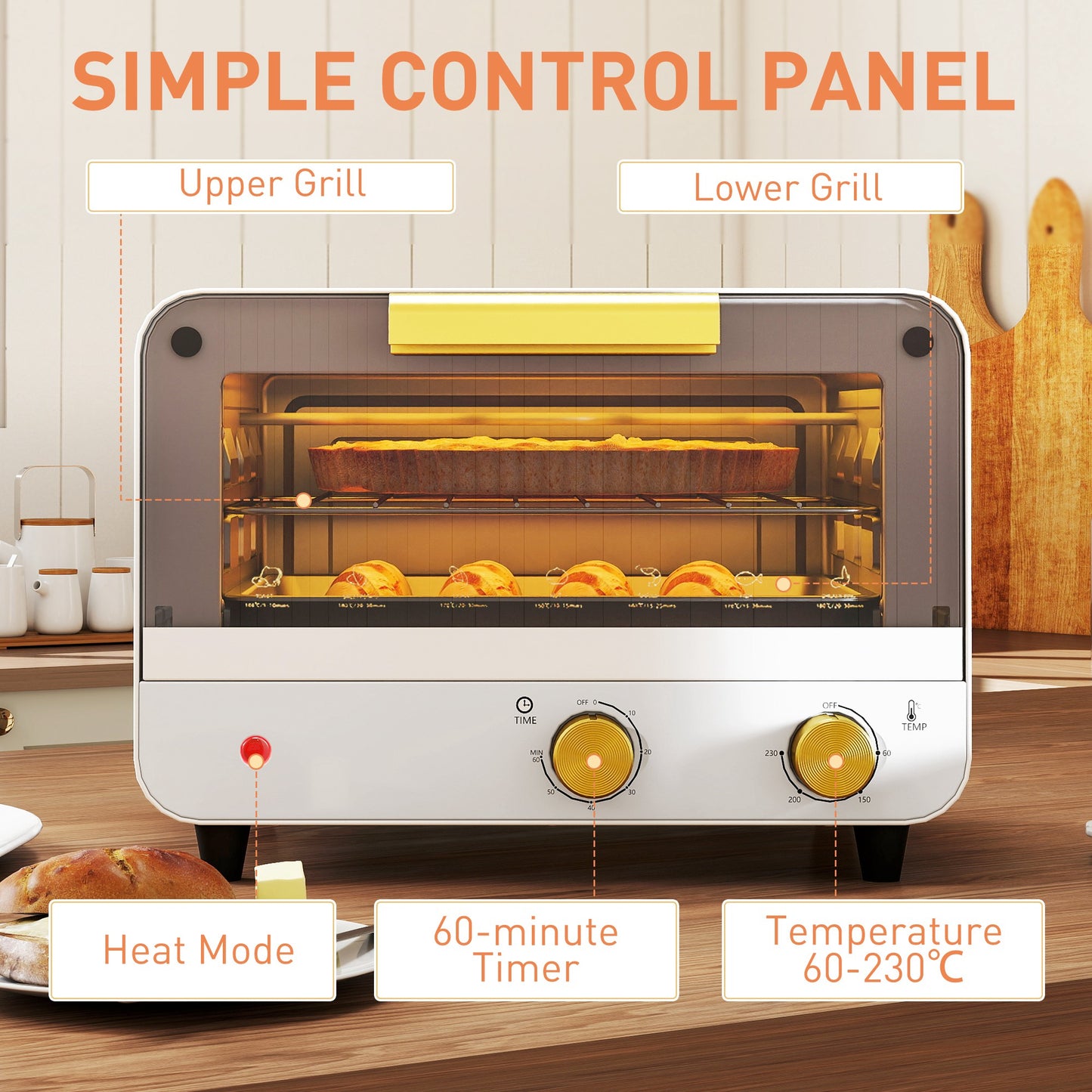 HOMCOM Small Toaster Oven, 12L Multifunction Mini Countertop Oven with Glass Door, Adjustable Temperature and Timer, White