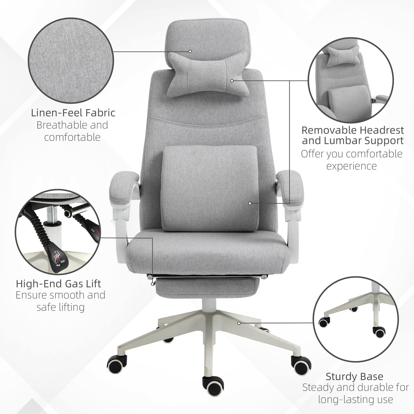 Vinsetto Office Chair, Ergonomic Desk Chair, High Back Fabric Work Chair with 160Â° Reclining Backrest, Retractable Footrest, Neck and Lumbar Pillow for Home and Study, Grey