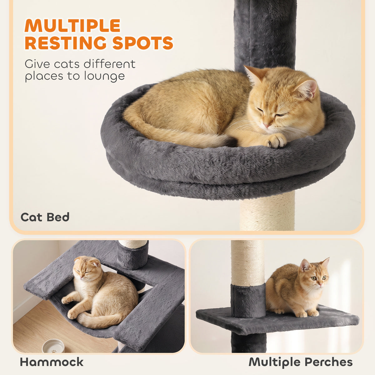 PawHut Floor to Ceiling Cat Tree, 230-260 cm Adjustable 5-Level Cat Tower with 3 Top Tension Rods, Bed, Hammock, Dark Grey