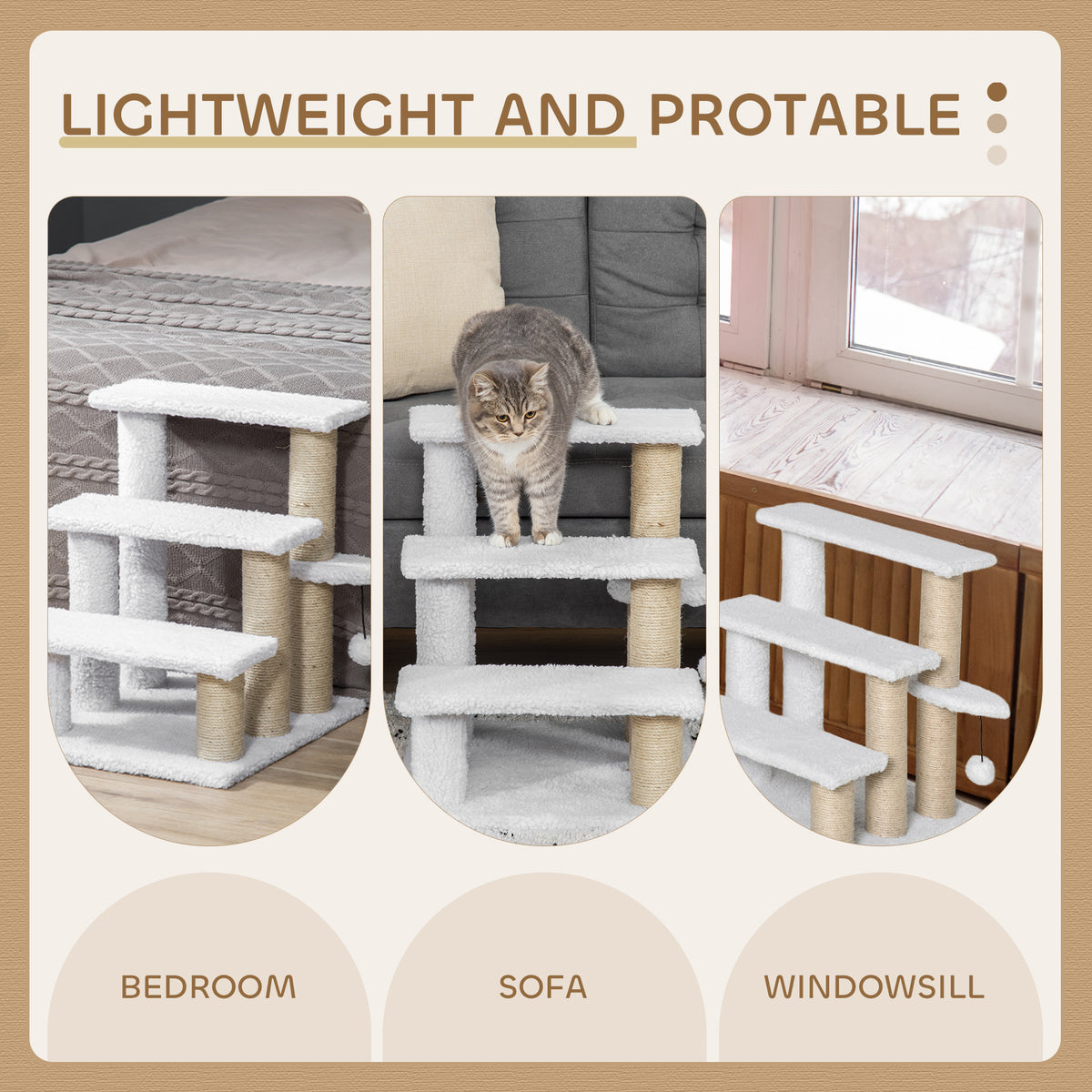 PawHut Pet Stair with 3-step Climb Ladder, Scratching Posts, Platforms, Toy Ball, for Indoor Elderly Cats Kittens, White