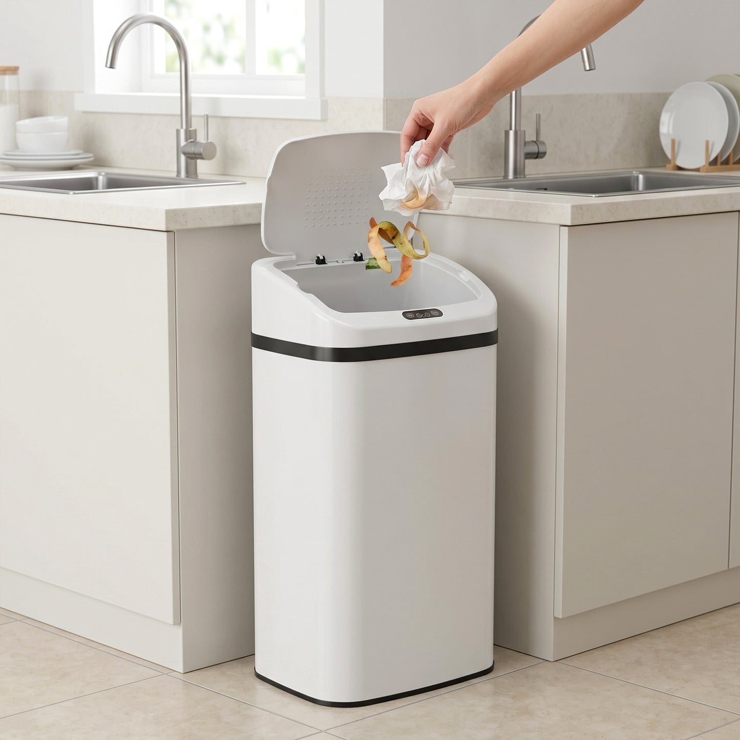 HOMCOM 48L Stainless Steel Sensor Bin - White