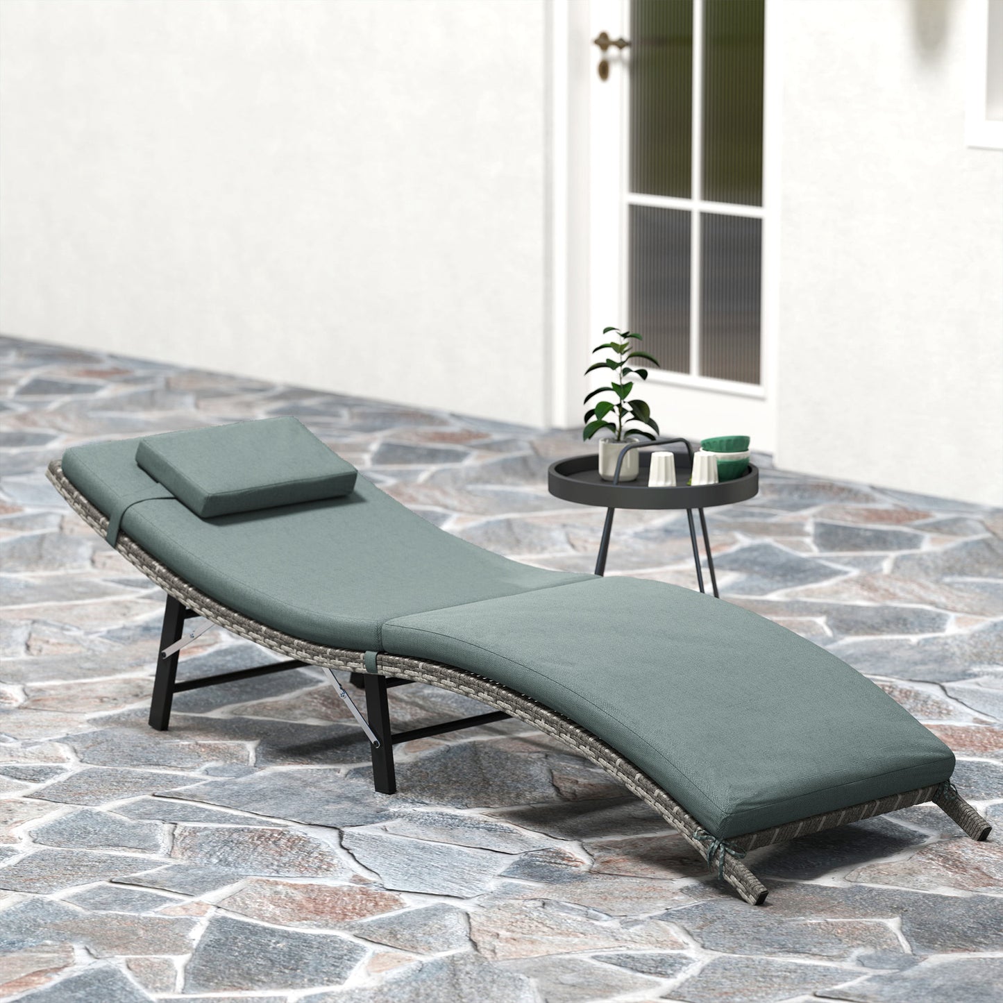 Outsunny Rattan Folding Sun Lounger Outdoor Chair with Cushion and Pillow Mixed Grey