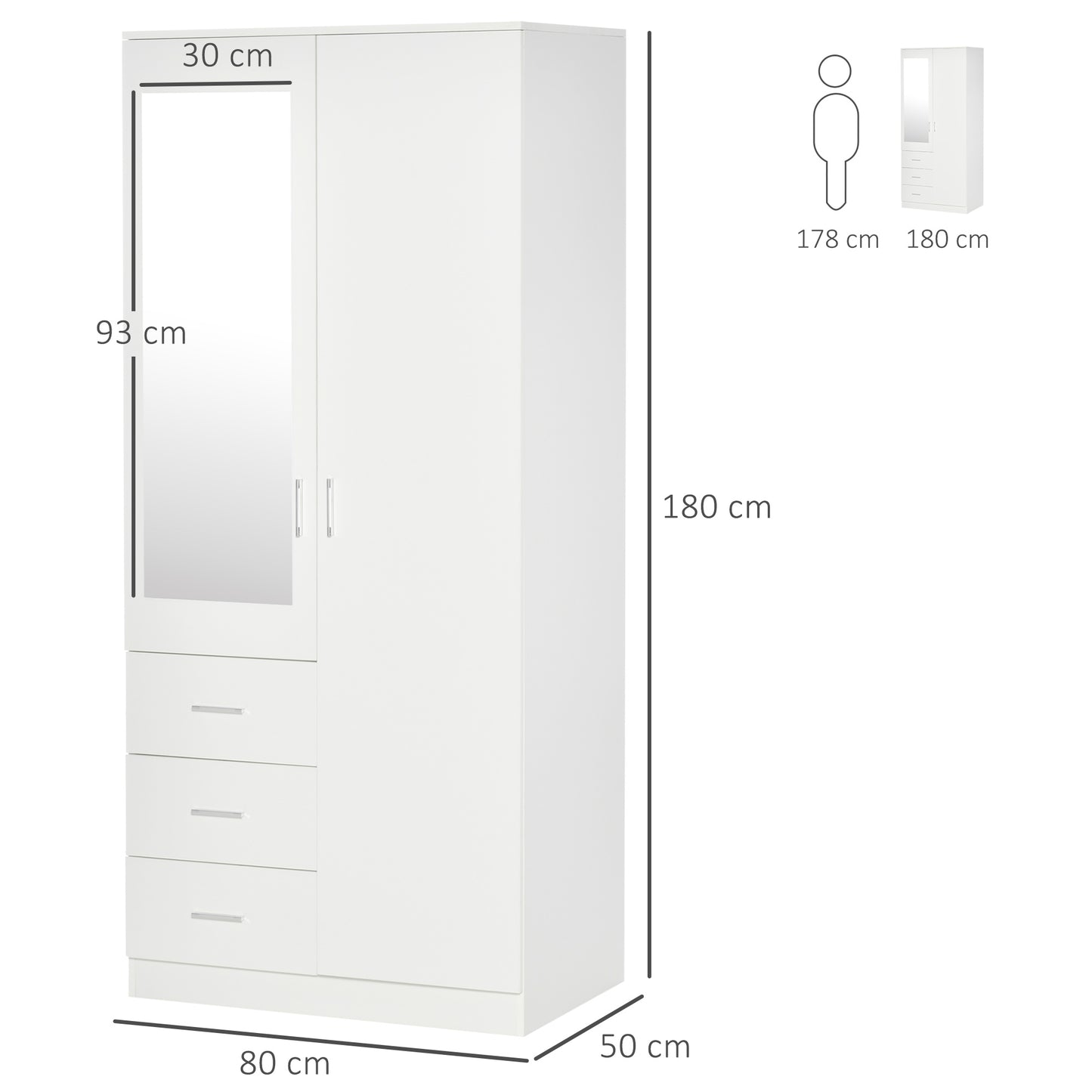 HOMCOM 2 Door 3 Drawer Mirrored Wardrobe with Hanging Rail, Modern Clothes Storage Cupboard with Mirror, Drawers and Adjustable Shelves for Bedroom, 80 x 50 x 180 cm, White