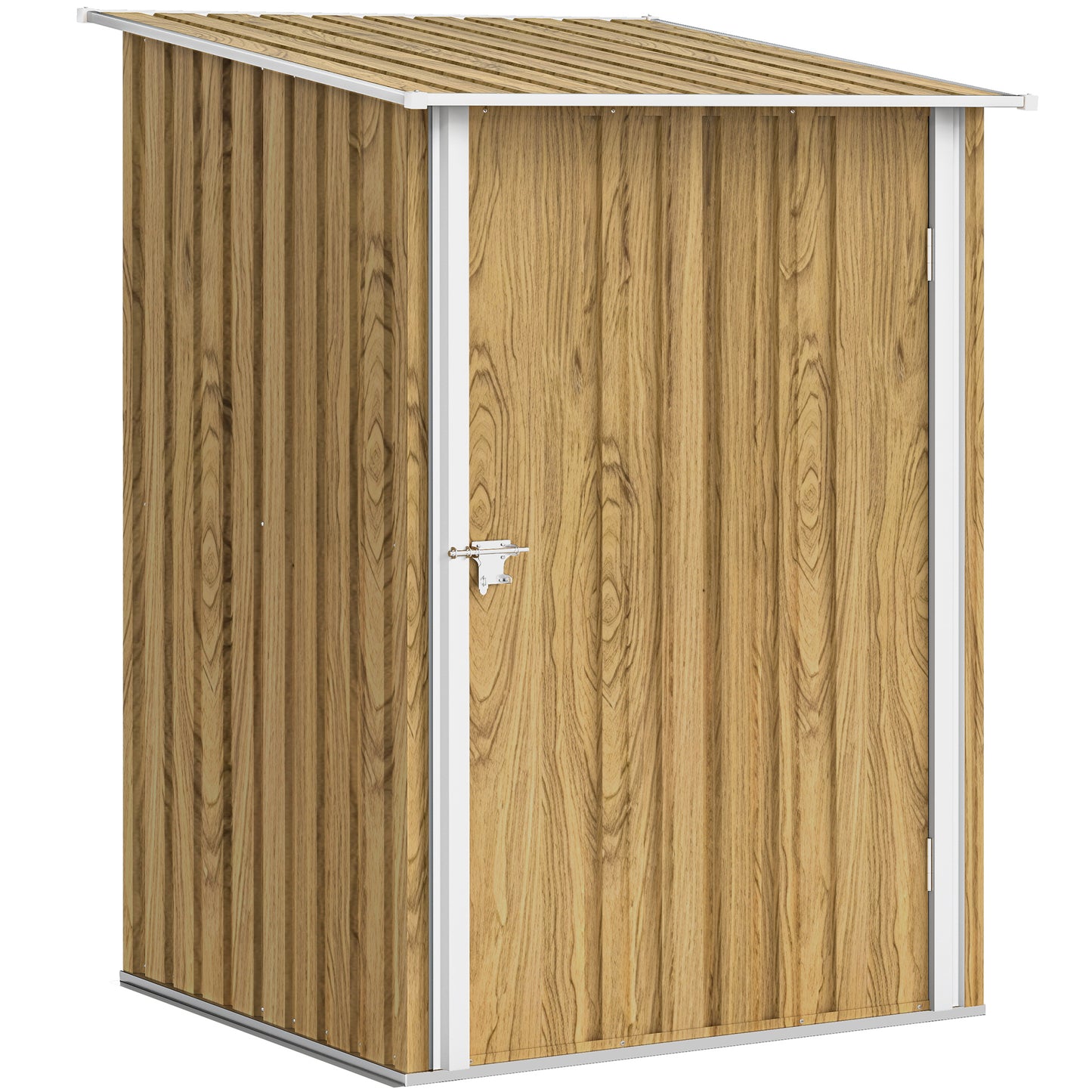 Outsunny 3.3 x 3.4ft Lean To Steel Garden Shed with Locking Door - Light Brown Wood Effect/White