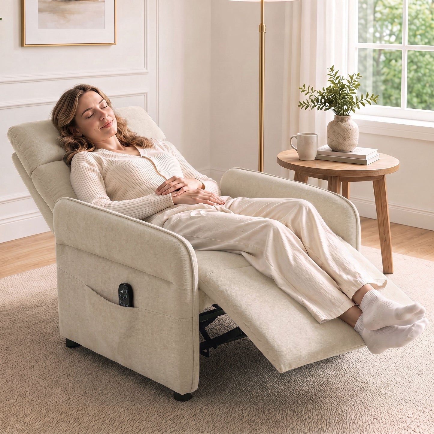 HOMCOM Recliner Armchair, Push Back Recliner Chair with Massage & Heat, Adjustable Armrests, Dual Side Pockets, Beige