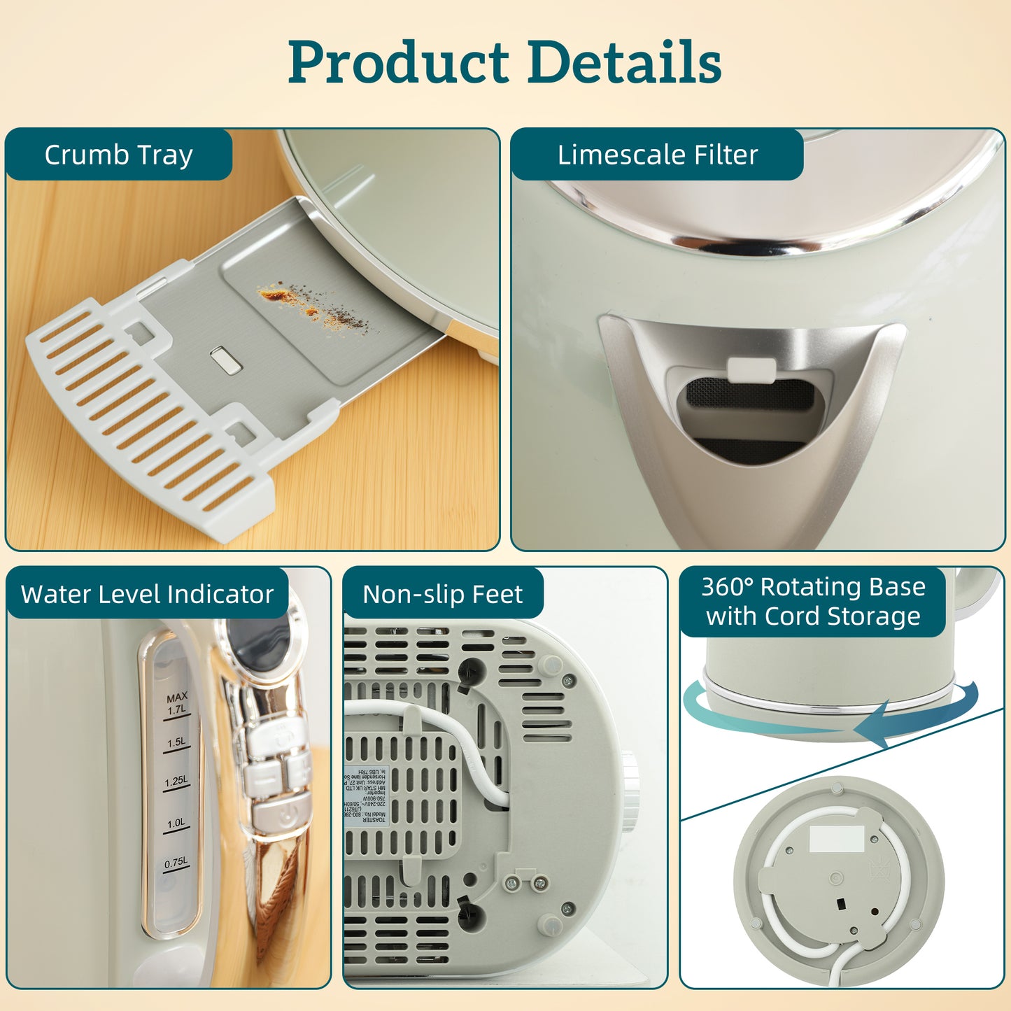 HOMCOM Polished Retro 40-100°C Kettle and Toaster Set - Grey