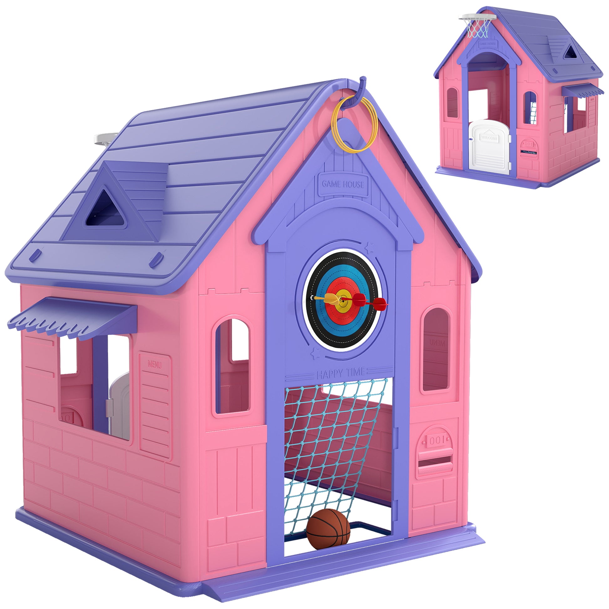 AIYAPLAY 5-in-1 Playhouse for Kids Outdoor Indoor with Basketball Hoop, Football Goal, Dartboard, Ring Toss for 2-5 Years, Pink Default Title
