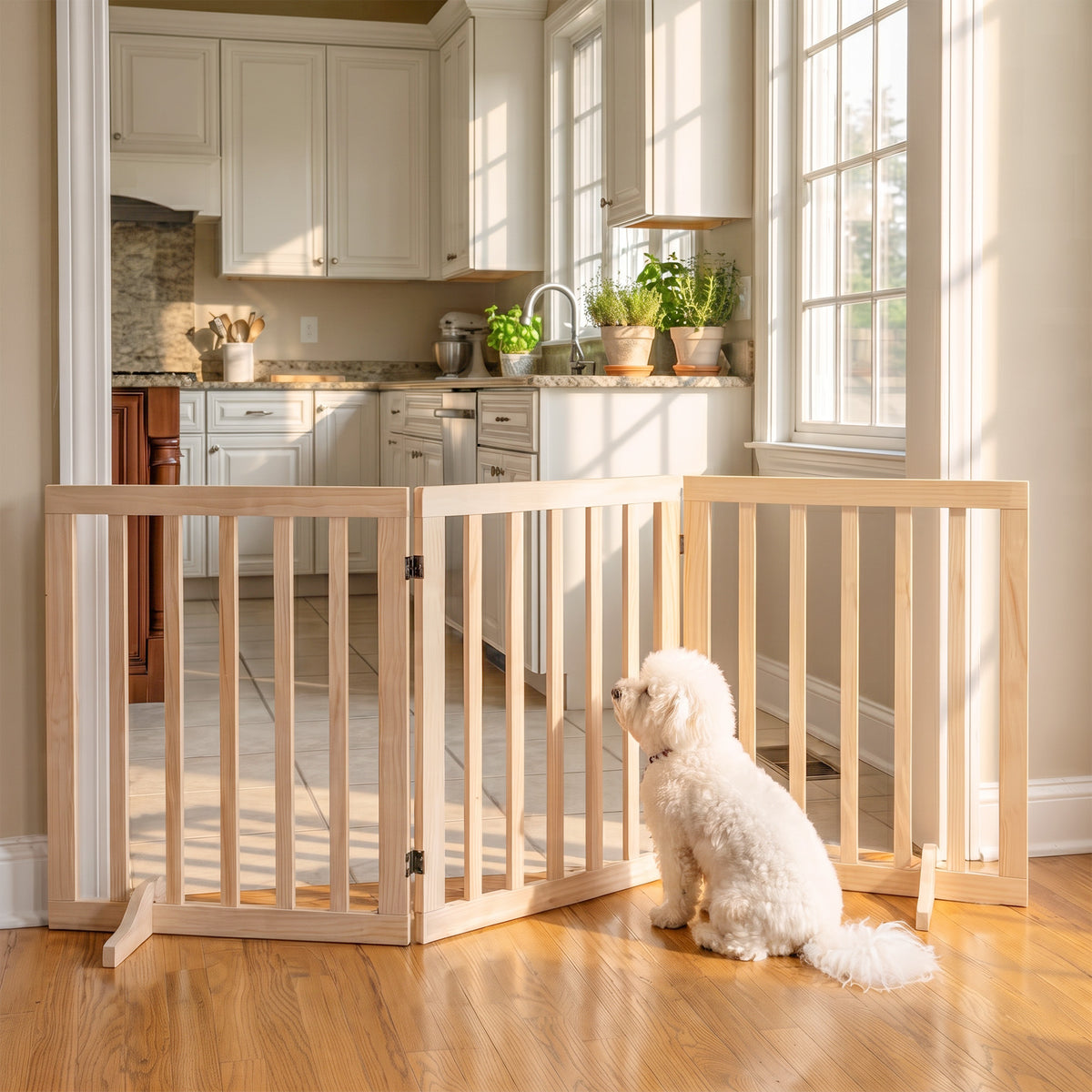 PawHut Wooden Dog Gate, 3-Panel Freestanding Pet Gates Indoor with 2 Support Feet and 360Â° Flexible Hinges, Natural
