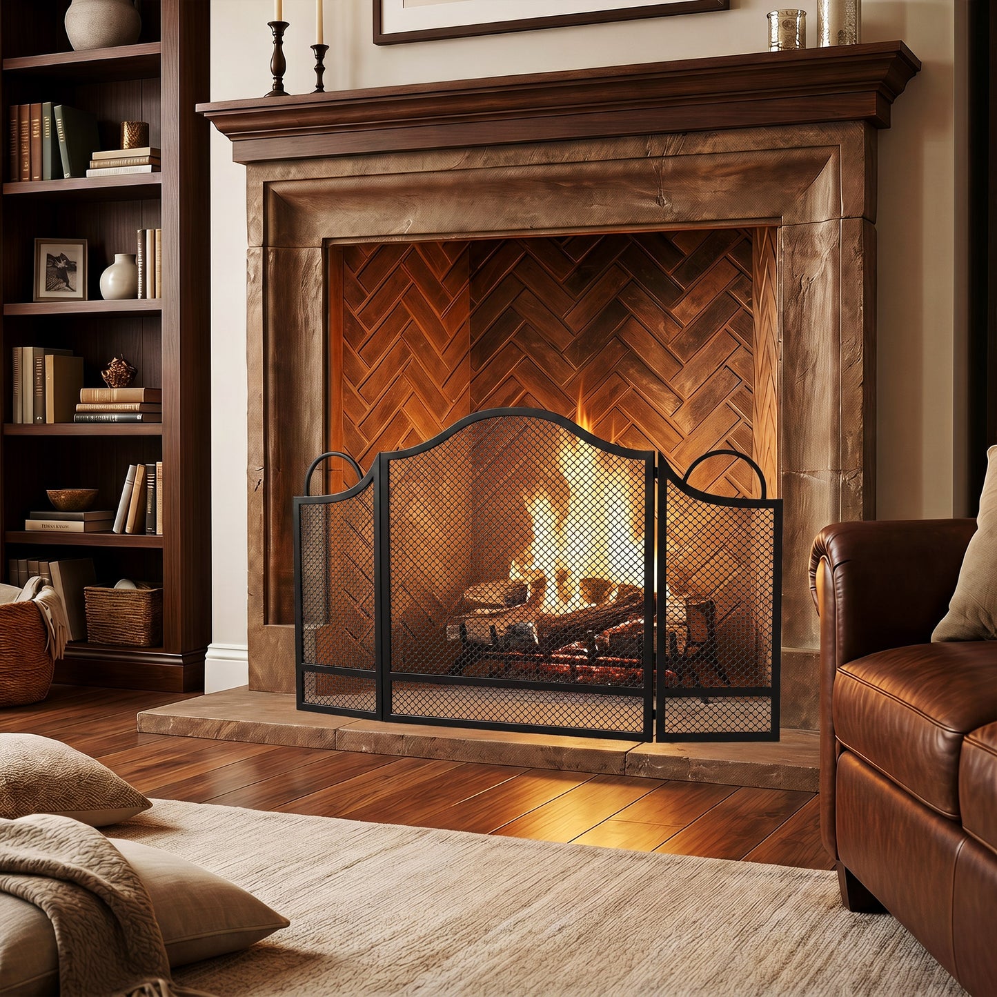 HOMCOM Floral 3-Panel Folding Fireplace Screen for Hearth Protection, Heat-Resistant Metal Fire Spark Guard, Black