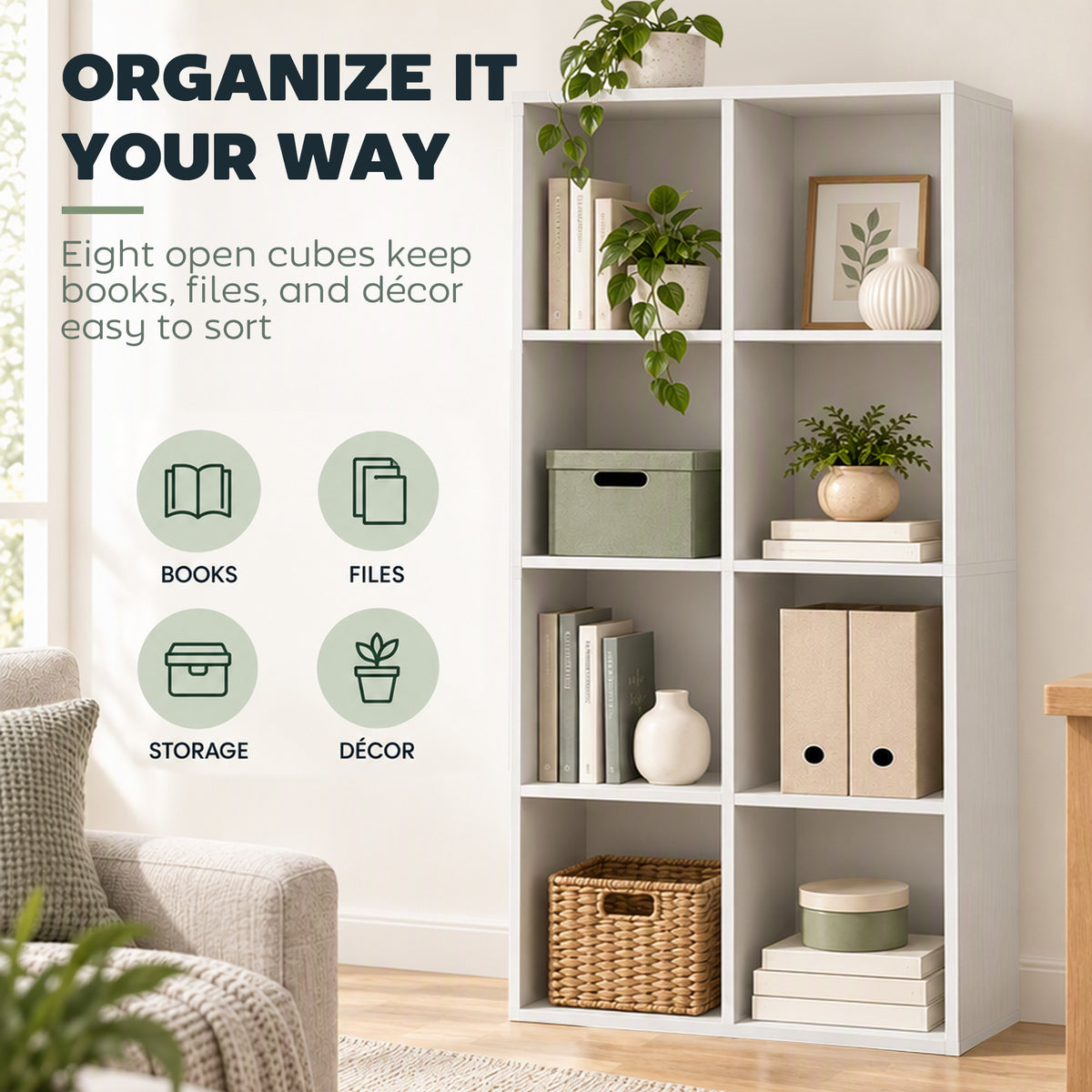 HOMCOM Bookcase with 8 Cubes, 60 x 30 x 121 cm Display Shelf with Anti-Tipping Design, White Wood-Effect