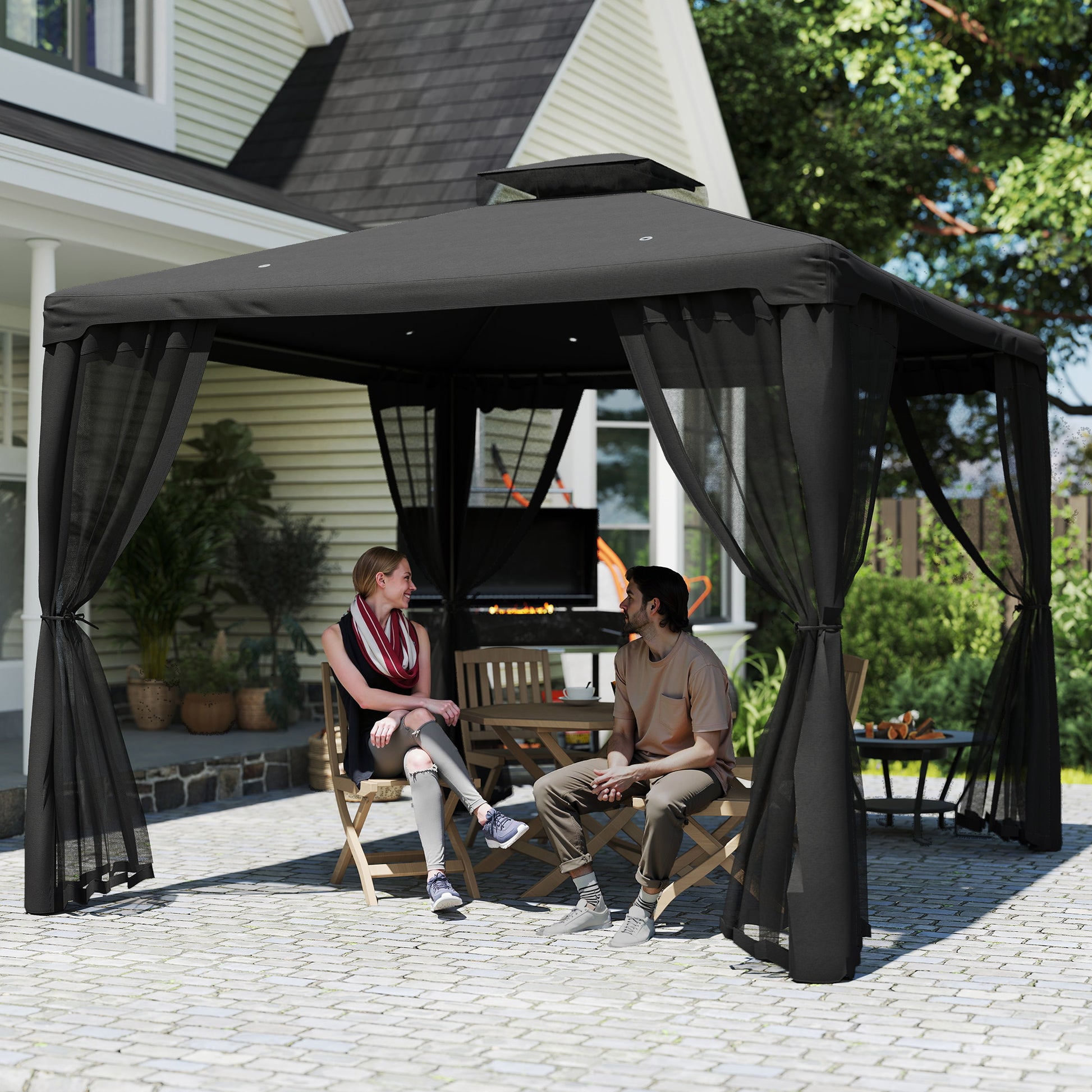 Outsunny 3 x 3 m Metal Gazebo, Garden Pavillion, DoubleÂ Roof Outdoor Canopy Shelter with Mesh Sidewalls, Black