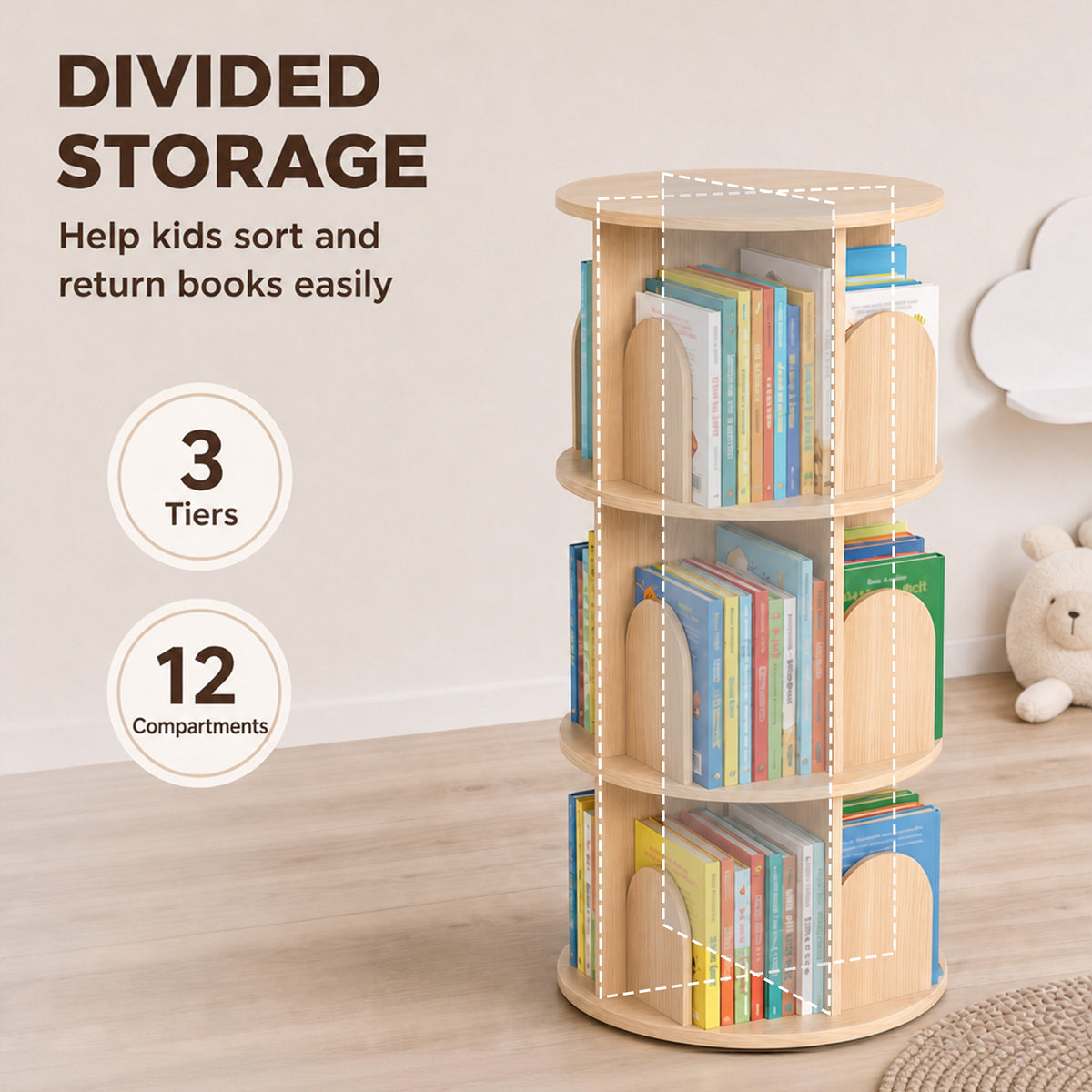 AIYAPLAY 3-Tier Rotating Bookcase, Round Kids Bookshelf Floor Standing 360Â° Rotating for Bedroom, Kids Room and Playroom, Natural