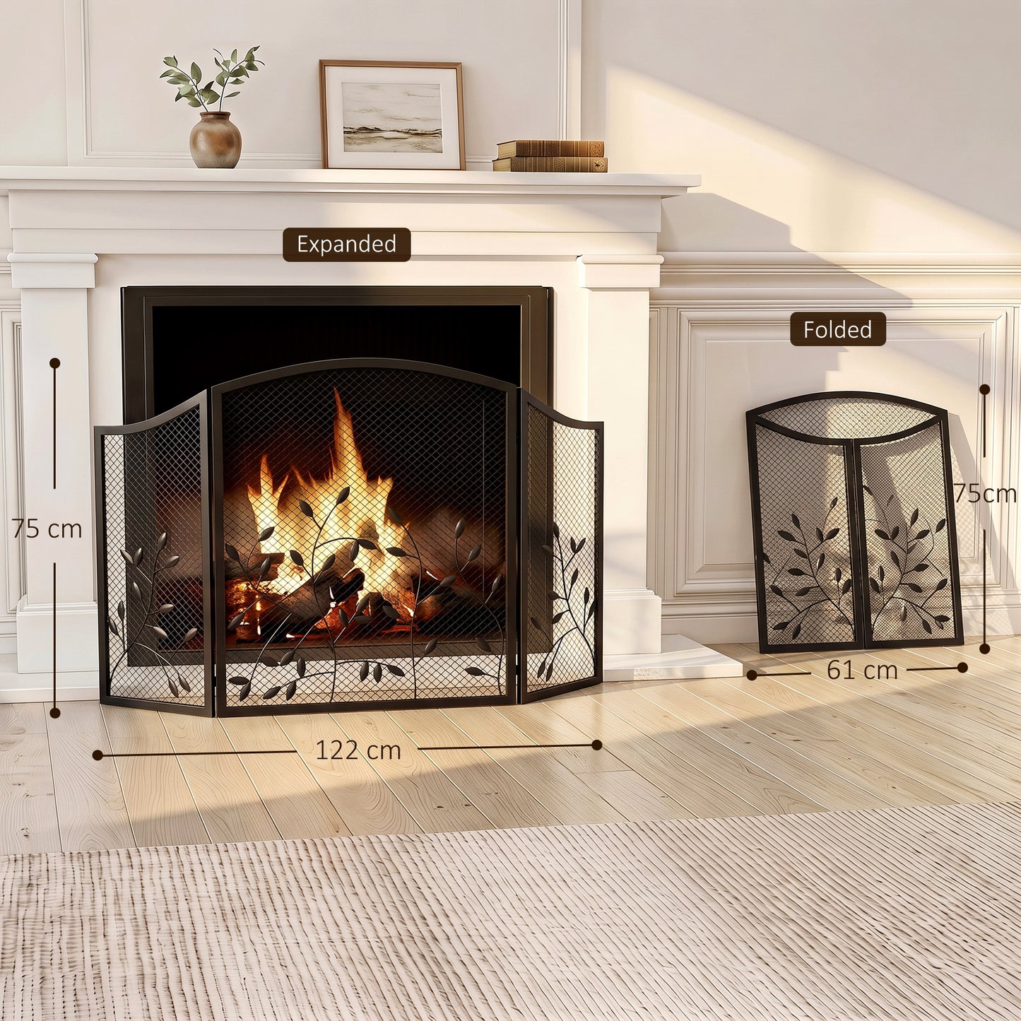 HOMCOM 3-Panel Folding Fireplace Screen for Hearth Protection, Heat-Resistant Metal Fire Spark Guard, Black