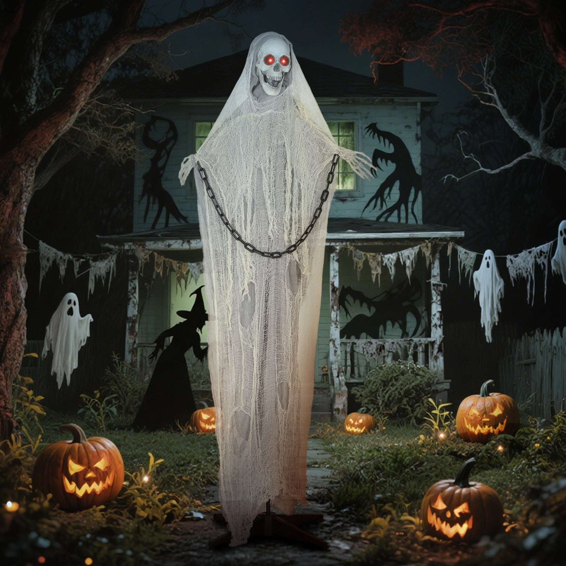 Outsunny 183 cm Life Size Halloween Animated Skeleton Grim Reaper with Glowing LED Eyes, Scary Halloween Decorations, Battery Operated, Indoor Party Props