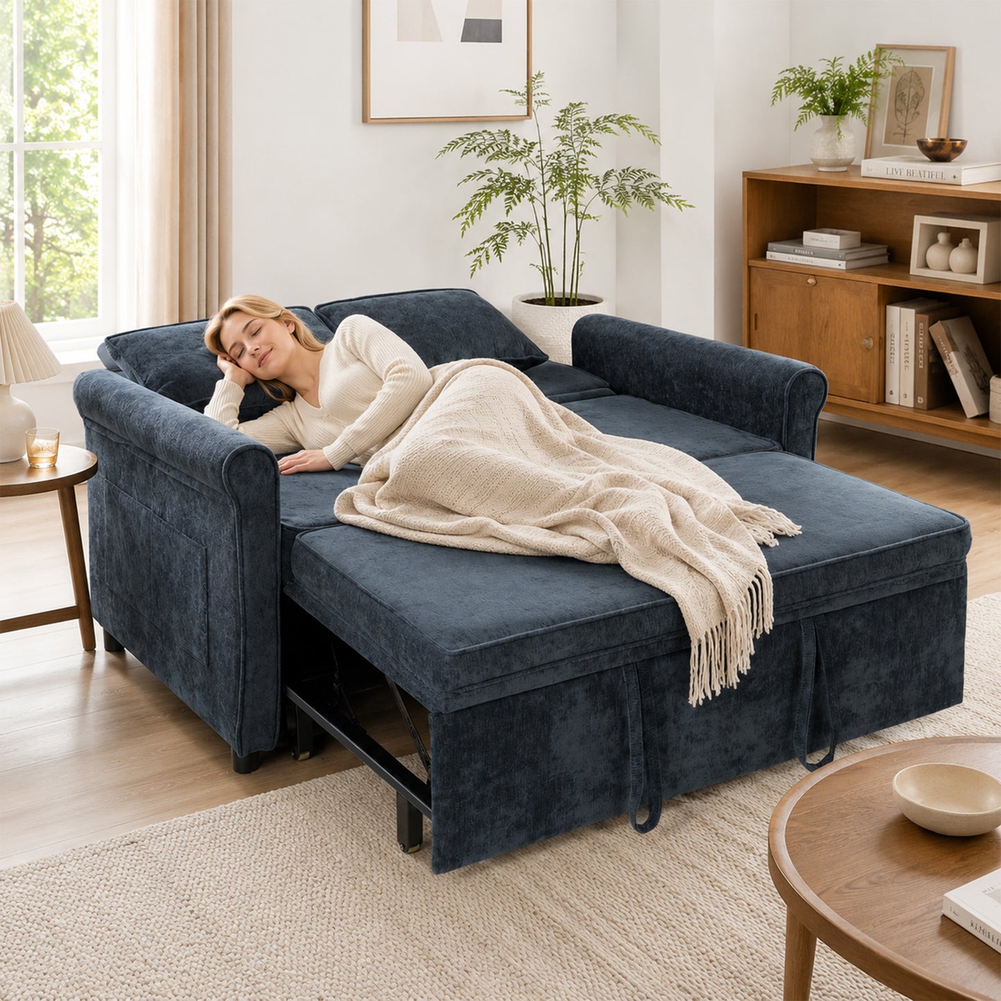 HOMCOM 2 Seater Sofa Bed 3-in-1 Convertible Chenille Pull Out Sleeper Sofa with 5-Position Adjustable Backrest, Dark Blue