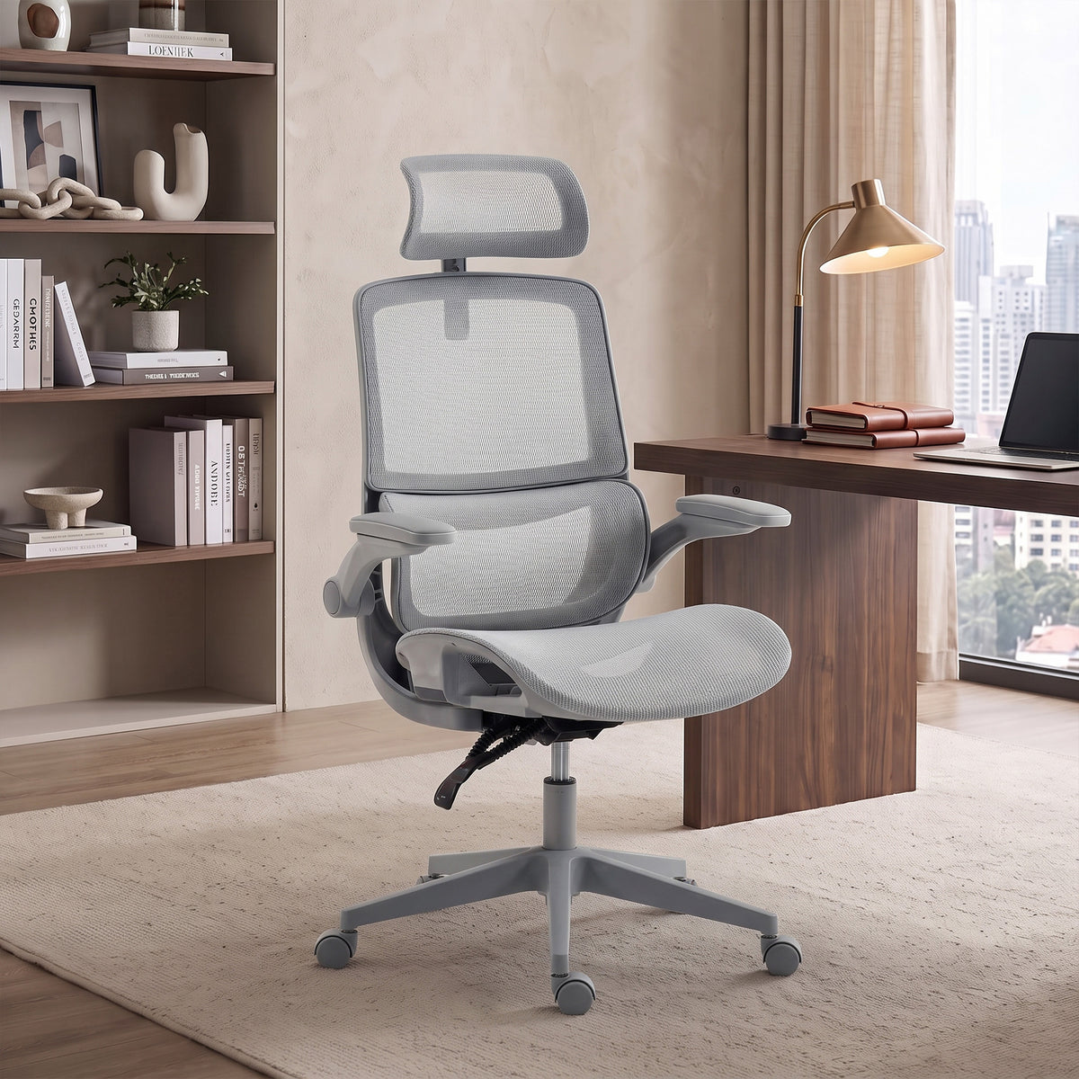 HOMCOM Ergonomic Office Chair with Adaptive Lumbar Support, Reclining Mesh Desk Chair with 2D Headrest, Flip-Up Arms, Grey