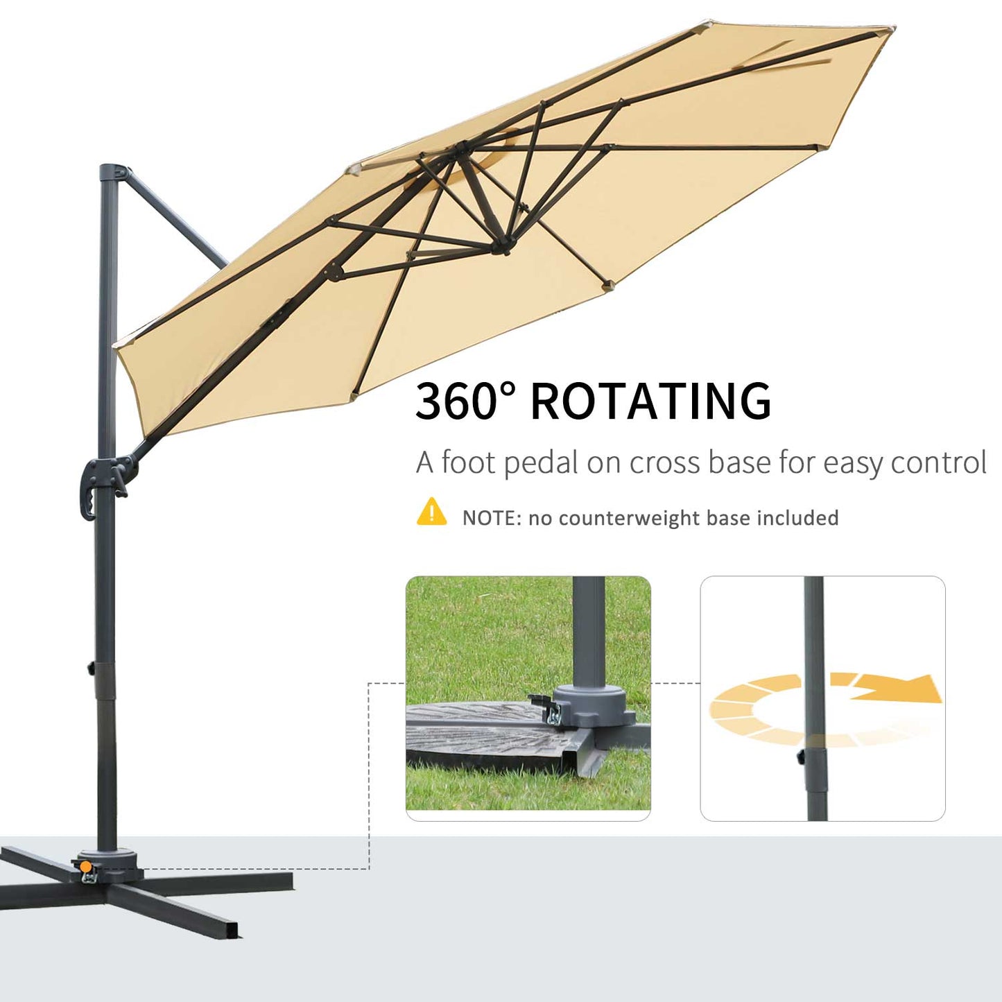 Outsunny Round Umbrella Parasol W/ Tilt 360Â° Rotation and Hand Crank Cross Base-Beige