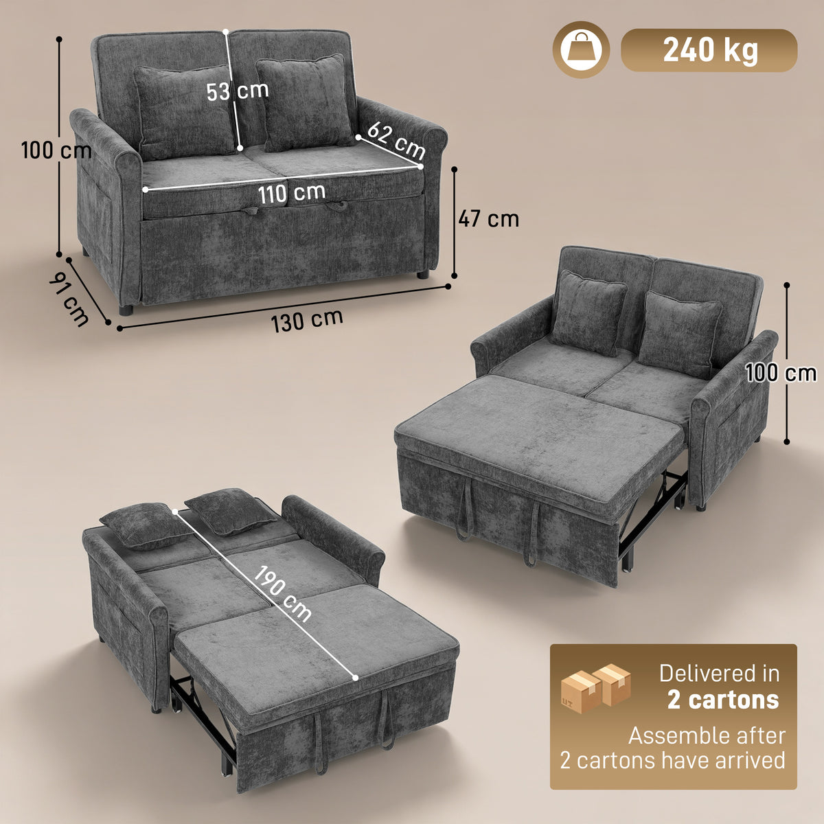 HOMCOM 2 Seater Sofa Bed 3-in-1 Convertible Chenille Pull Out Sleeper Sofa with 5-Position Adjustable Backrest, Grey