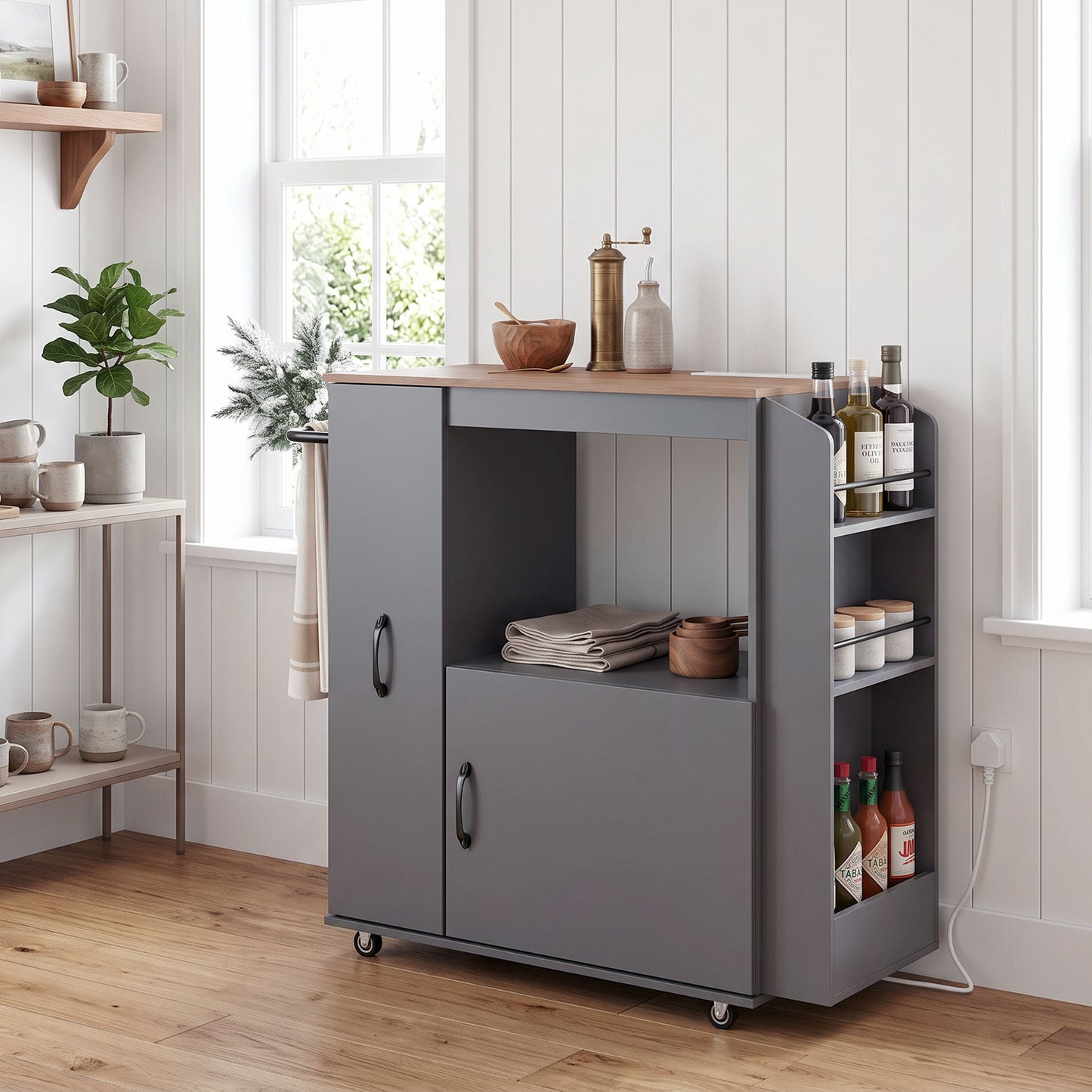 HOMCOM Kitchen Trolley on Wheels, Rolling Kitchen Island Cart with Power Outlet, Cabinet, Pull-Out Drawer, Grey