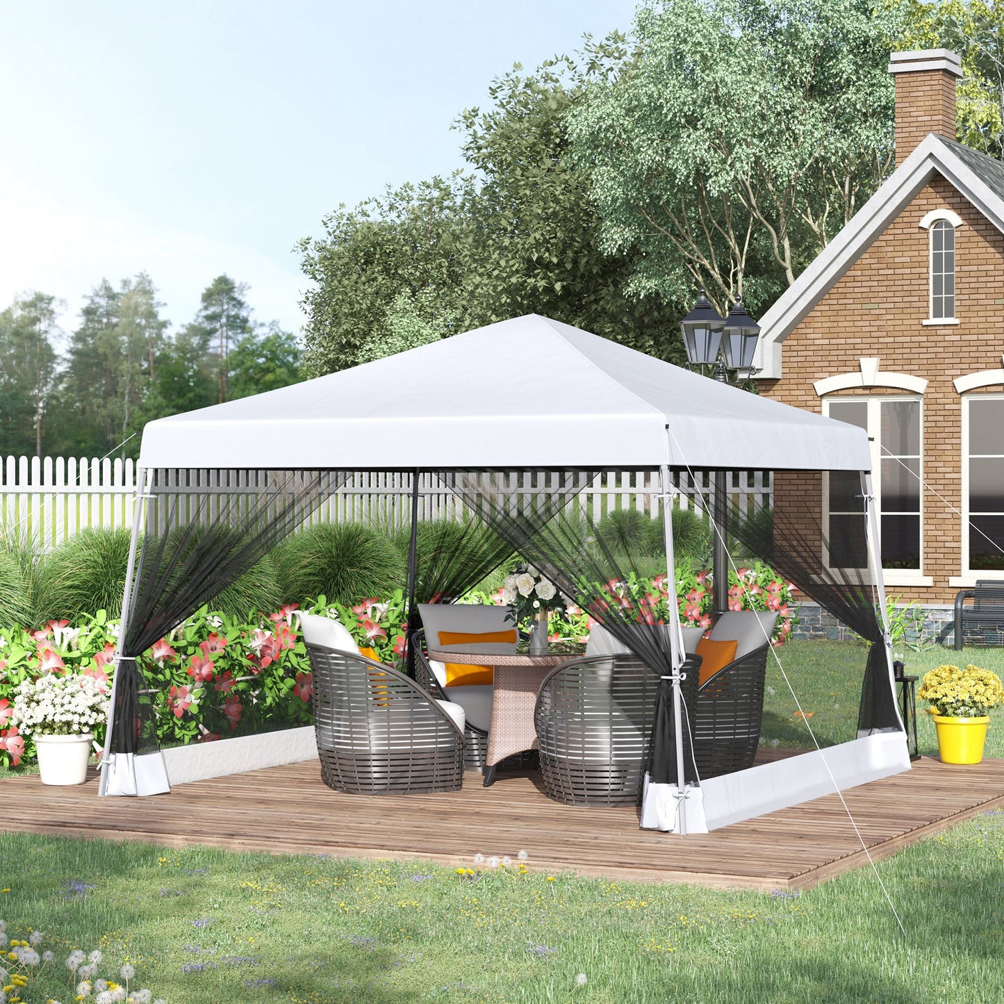 Outsunny Outdoor Garden Pop-up Gazebo Canopy Tent Sun Shade Event Shelter Folding with Adjustable Height, Mesh Screen Side Walls 3.5 M Ã— 3.5 M Base / 3 M Ã— 3 M Top, White