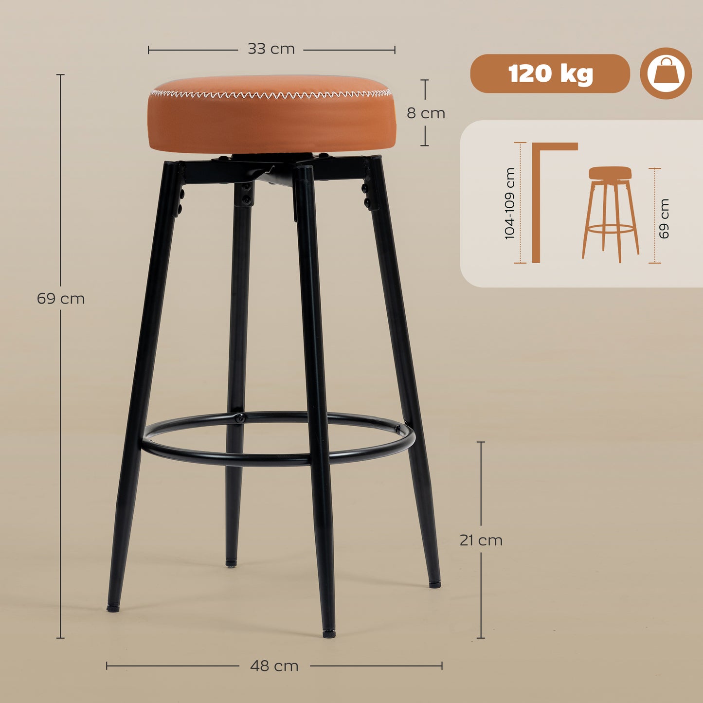 HOMCOM Set of Two Faux Leather Bar Stools - Brown/Black