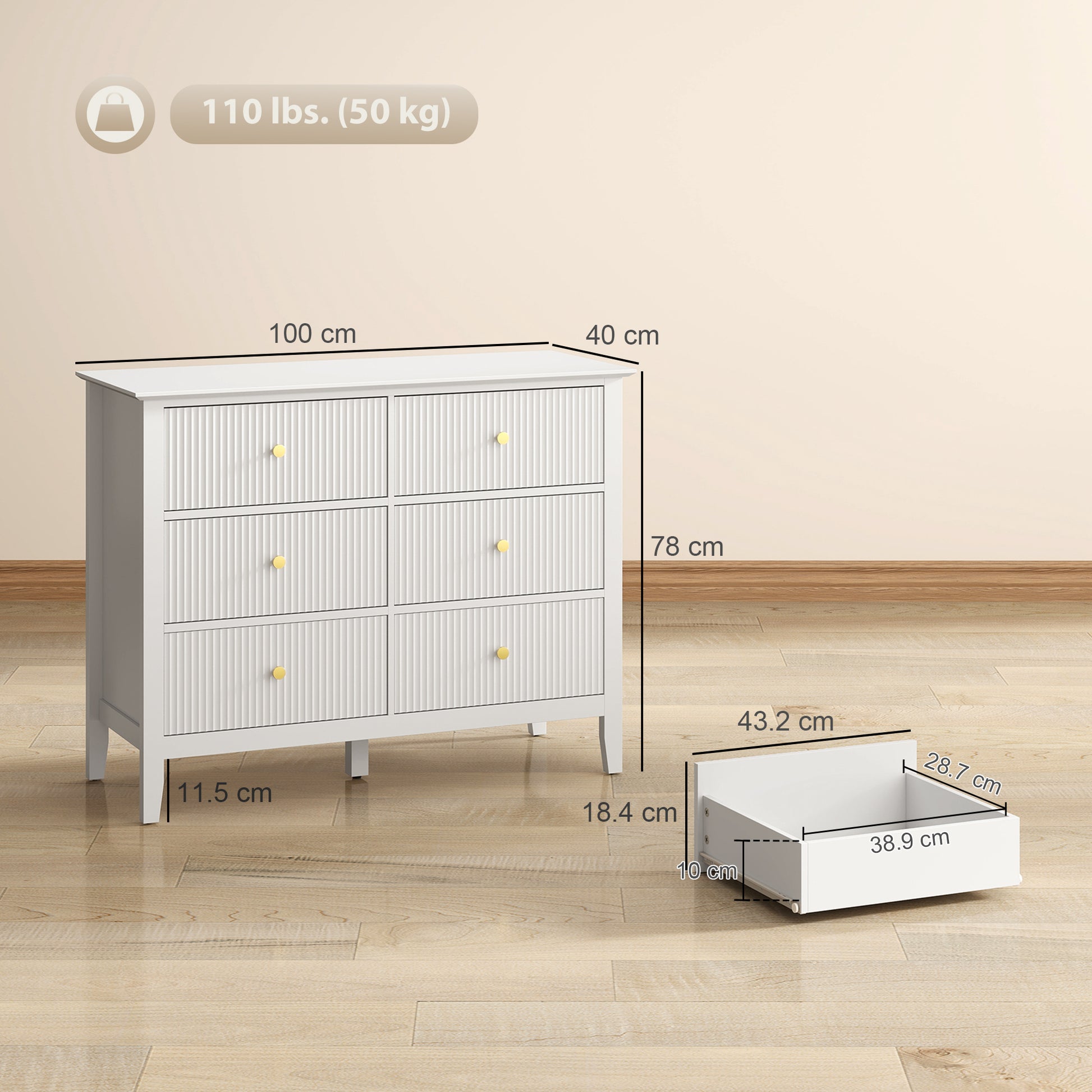 HOMCOM Fluted Dresser, 6 Drawer Chest of Drawers for Bedroom, Living Room, Hallway, Closet, White