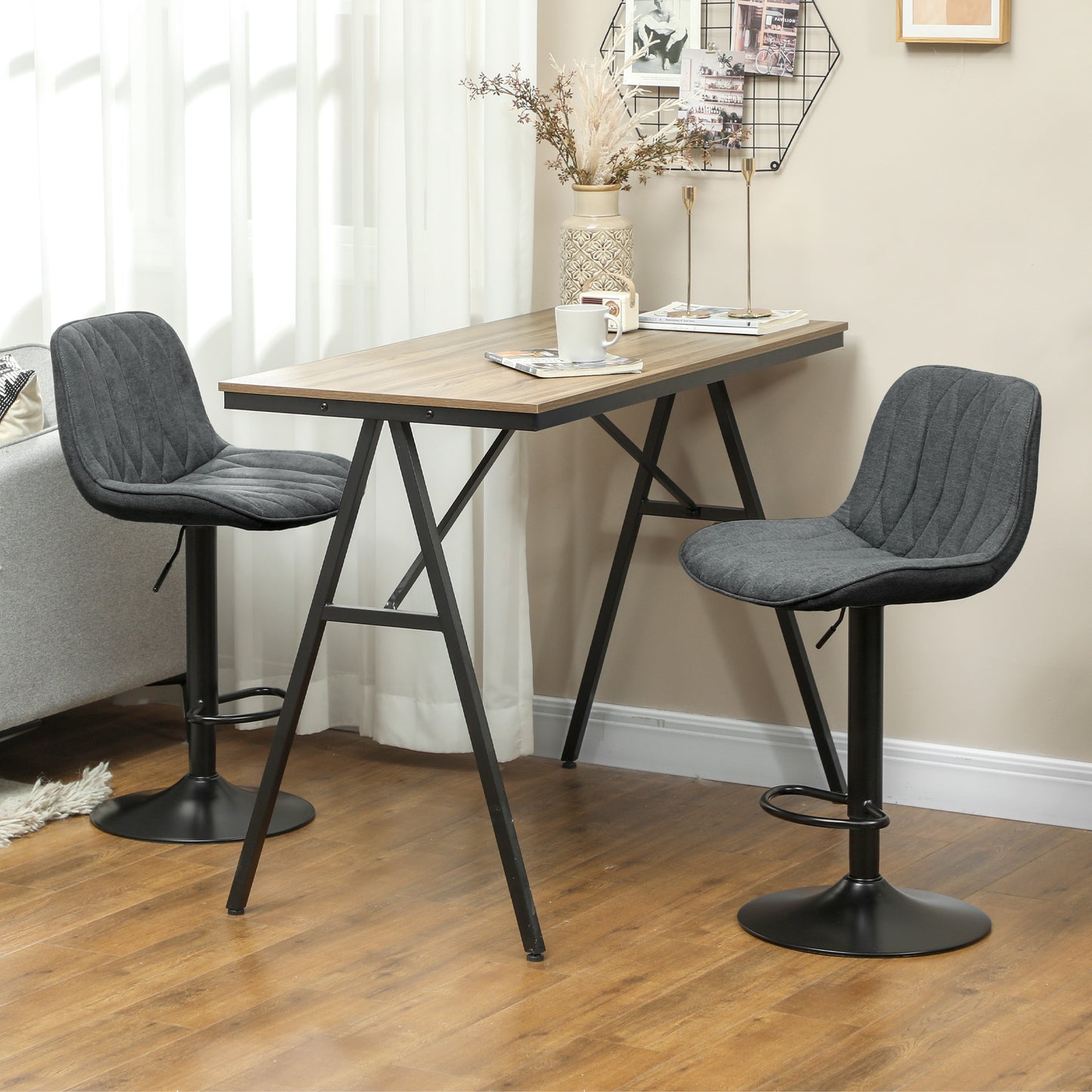 HOMCOM Set of Two Linen-Look Bar Stools - Charcoal Grey
