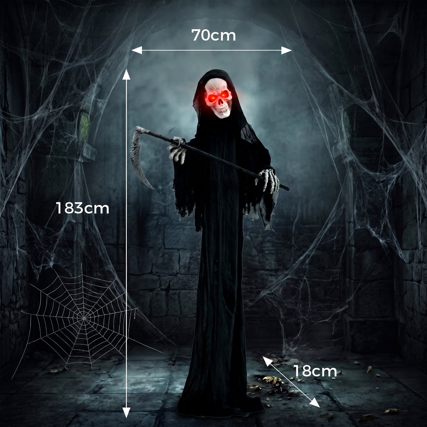 HOMCOM 183cm Life Size Animated Grim Reaper Halloween Decoration, Scary Halloween Animatronics Decor with Sound Touch Activated