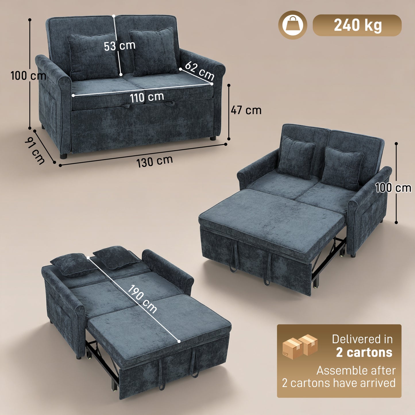 HOMCOM 2 Seater Sofa Bed 3-in-1 Convertible Chenille Pull Out Sleeper Sofa with 5-Position Adjustable Backrest, Dark Blue