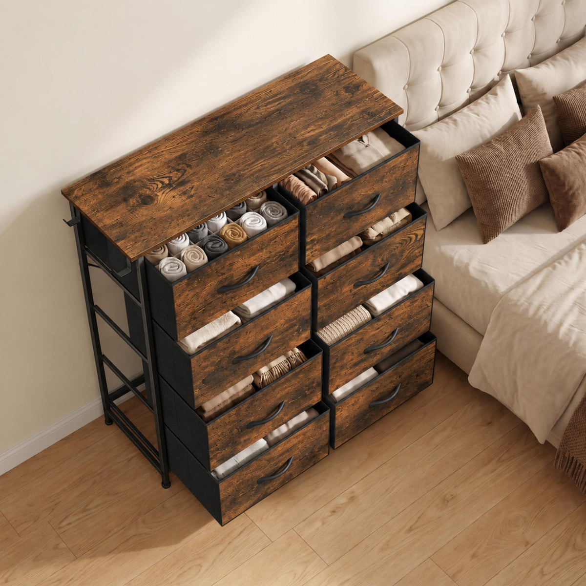 HOMCOM Chest of Drawers, Dresser for Bedroom with 8 Fabric Drawers, Tall Storage Unit w/ Side Storage Bag, Rustic Brown