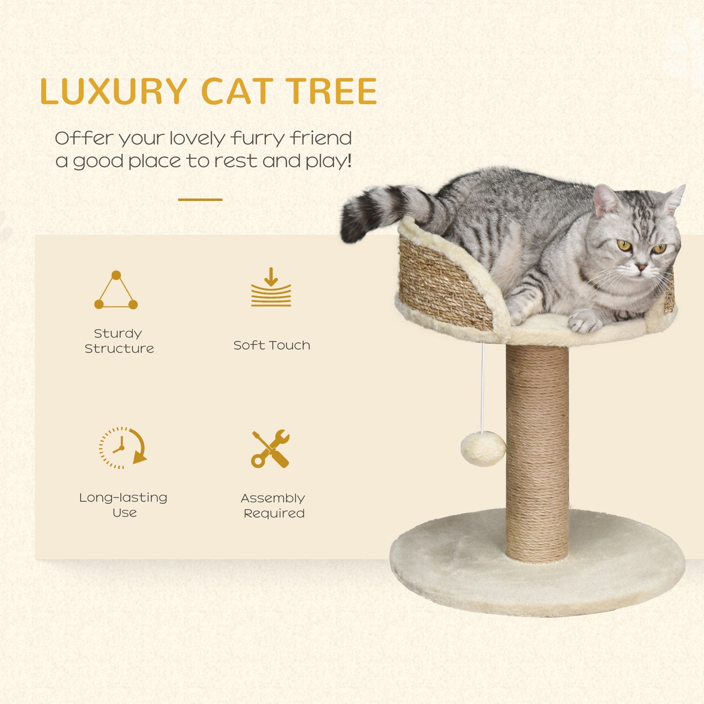 PawHut Cat Tree Cat Scratching Post for Indoor Cats Kitten Play Tower Activity Centre Climbing Stand with Dangling Ball Beige