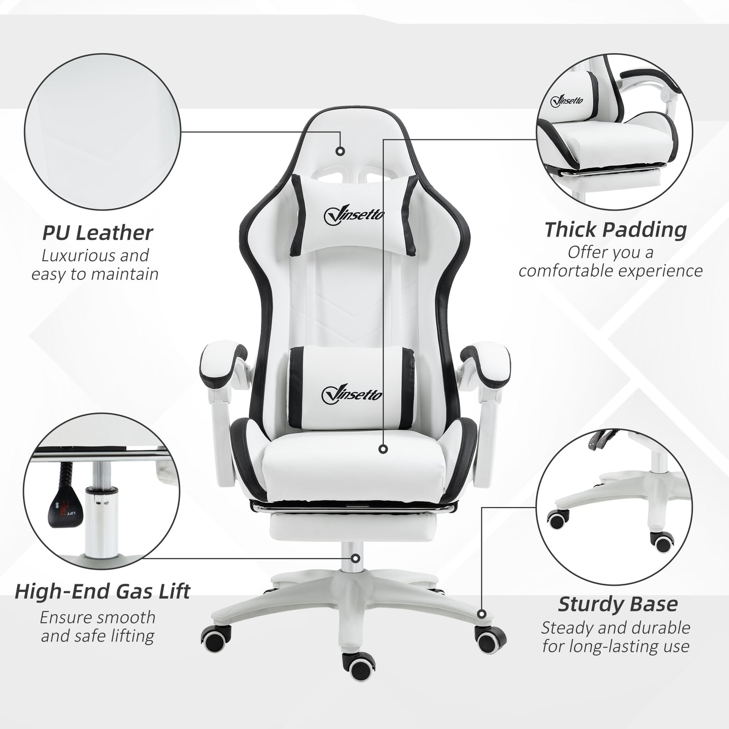 Vinsetto Computer Gaming Chair, PU Leather Office Desk Chair with Footrest, Swivel Wheels, 135Â° Reclining Back, Lumbar Support, Headrest for Home, White and Black