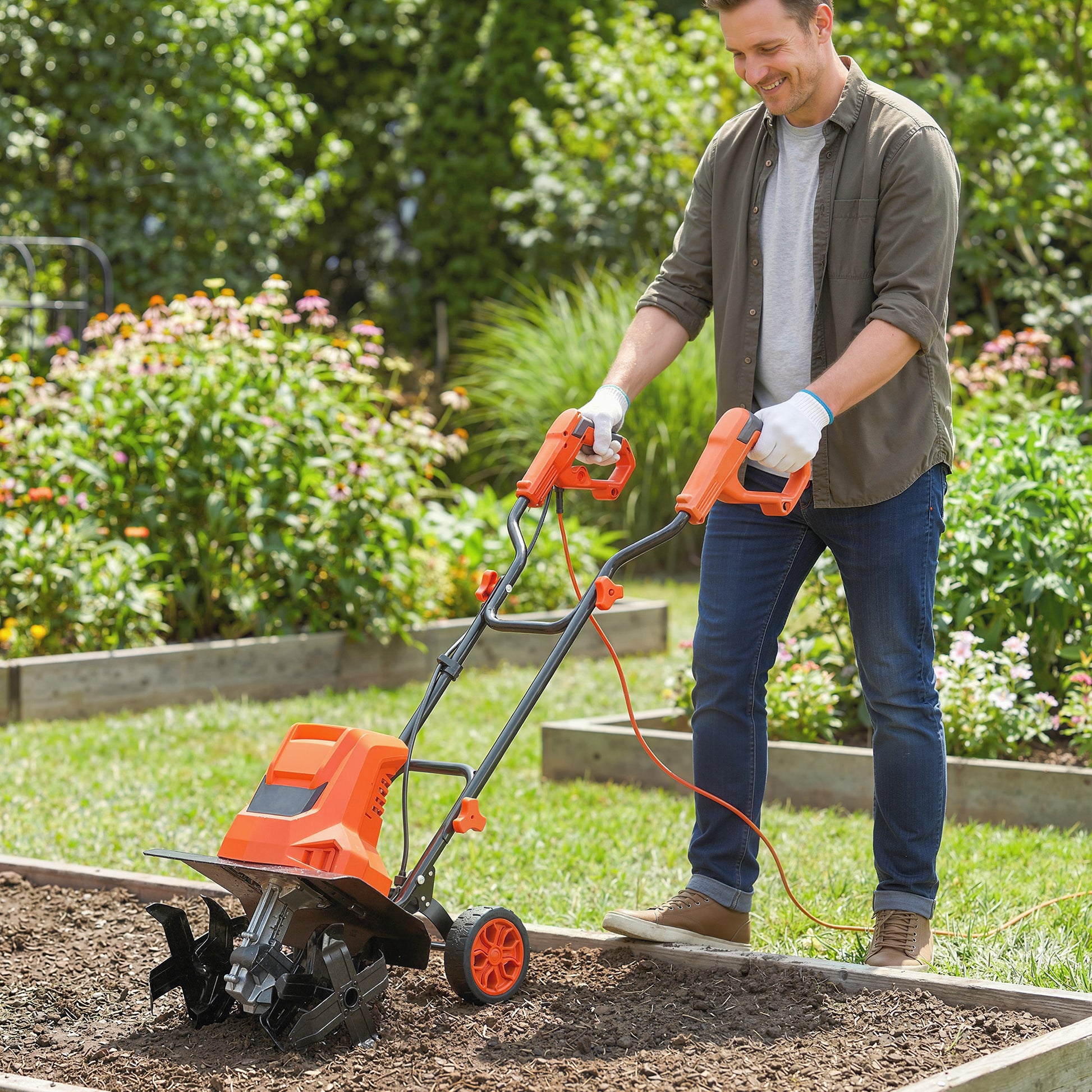 Outsunny 1500W Electric Garden Tiller w/Foldable Handle, 40cm Working Width, 20cm Tilling Depth, 6 Blades, 2 Adjustable Wheels