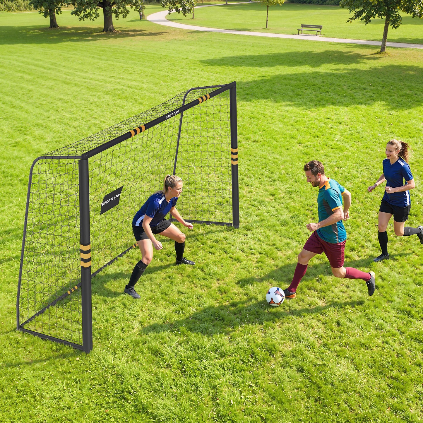 SPORTNOW Football Goal, 10 x 6.5ft Football Net with Ground Stakes, EPE Foam Padding and Metal Frame, Easy Assembly, Yellow
